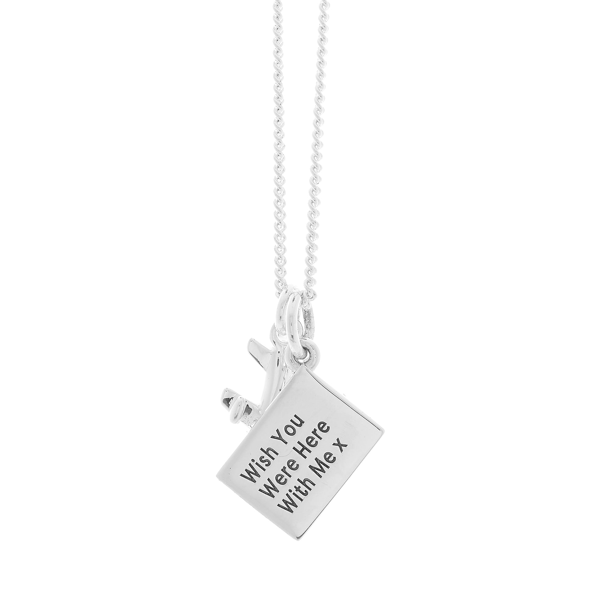 Silver airplane and postcard necklace with a pendant on a white background back engraving