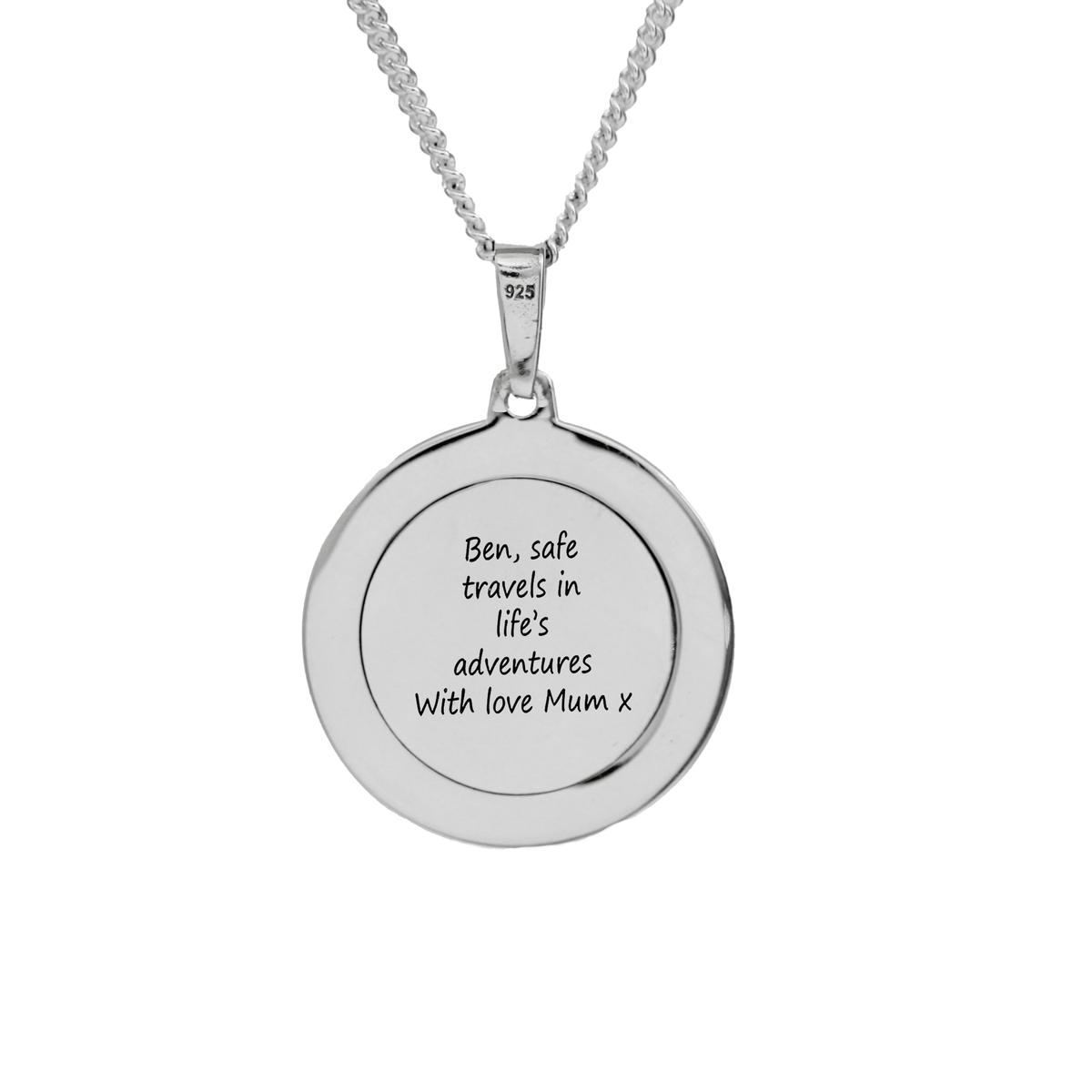 Saint Christopher Protect Us Round Border Oxidised Necklace engraved back