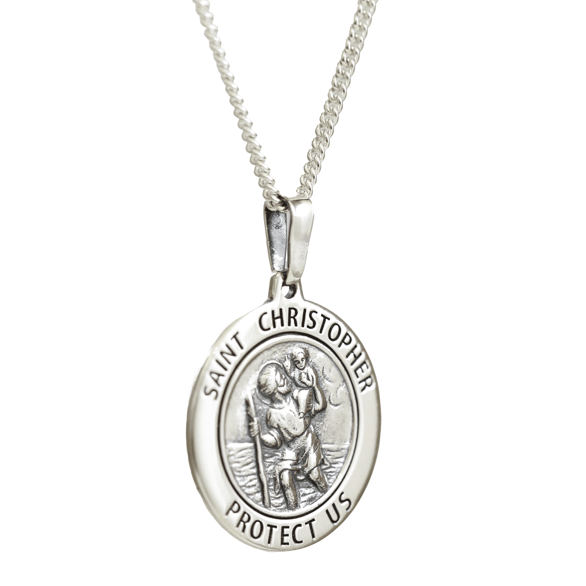 Saint Christopher Protect Us Round Border Oxidised Necklace