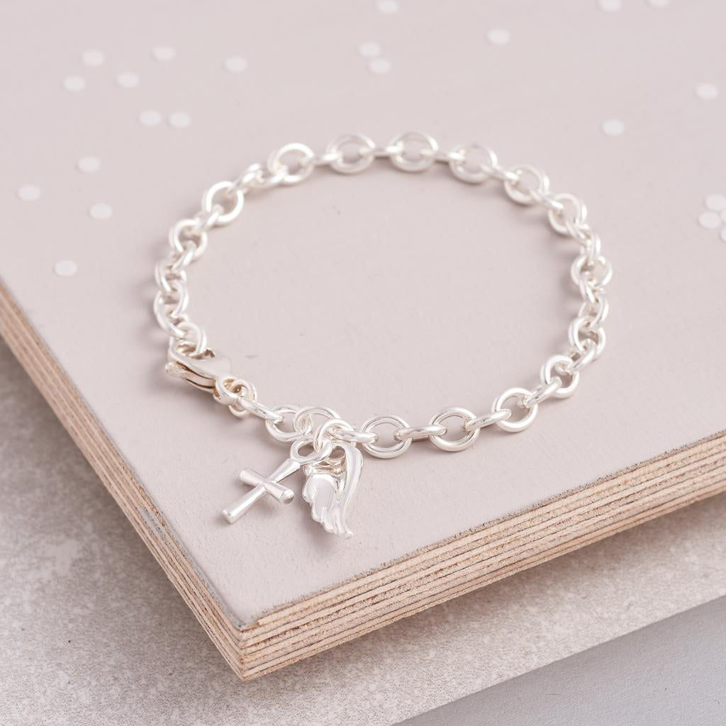 silver adjustable angel and cross christening bracelet