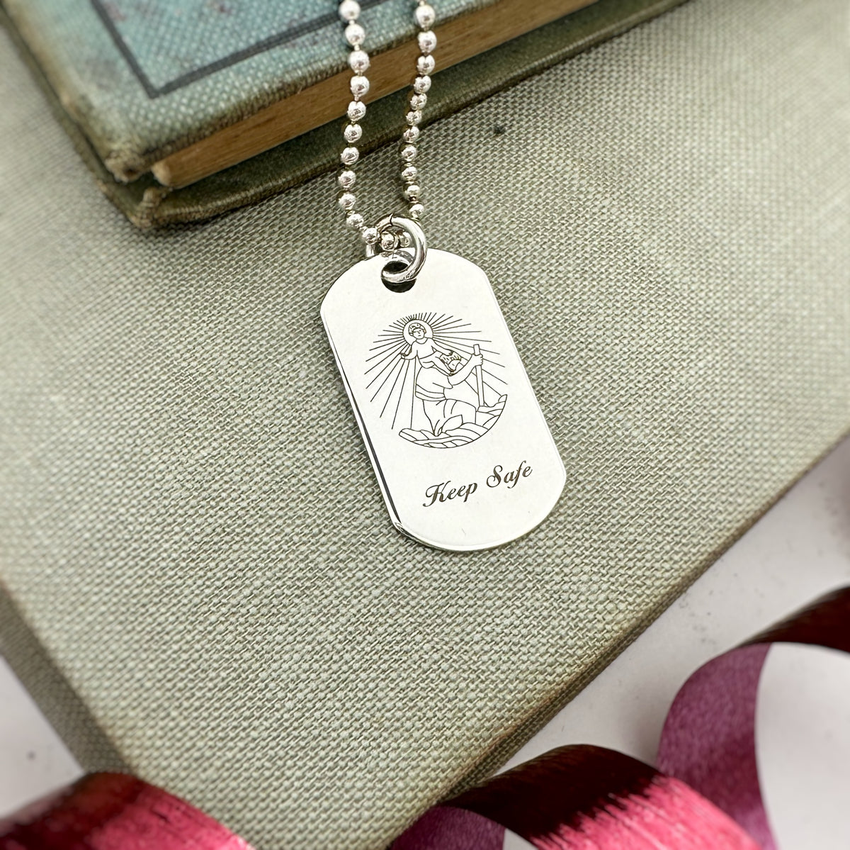thin solid silver dog tag Saint Christopher necklace keep safe engraving 