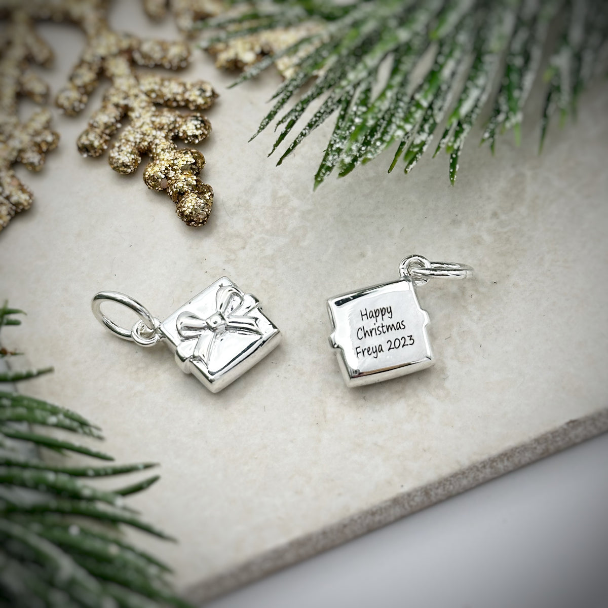 Personalised silver Christmas present charm for bracelets 