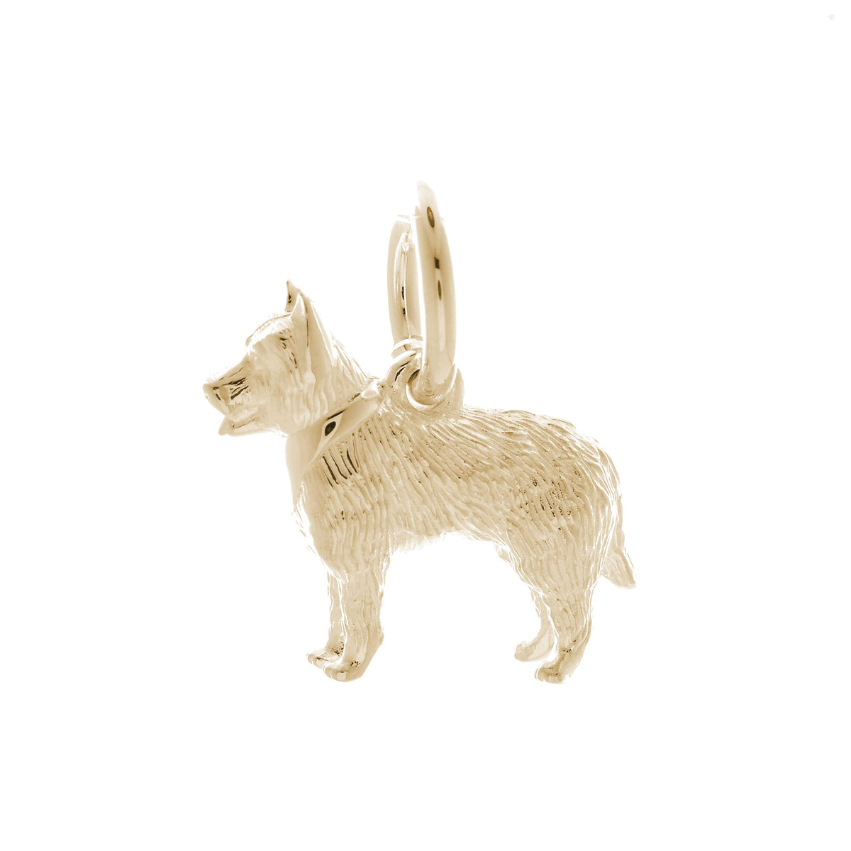 Solid 9ct gold German Shepherd charm with tiny bandana, perfect for a charm bracelet or necklace.