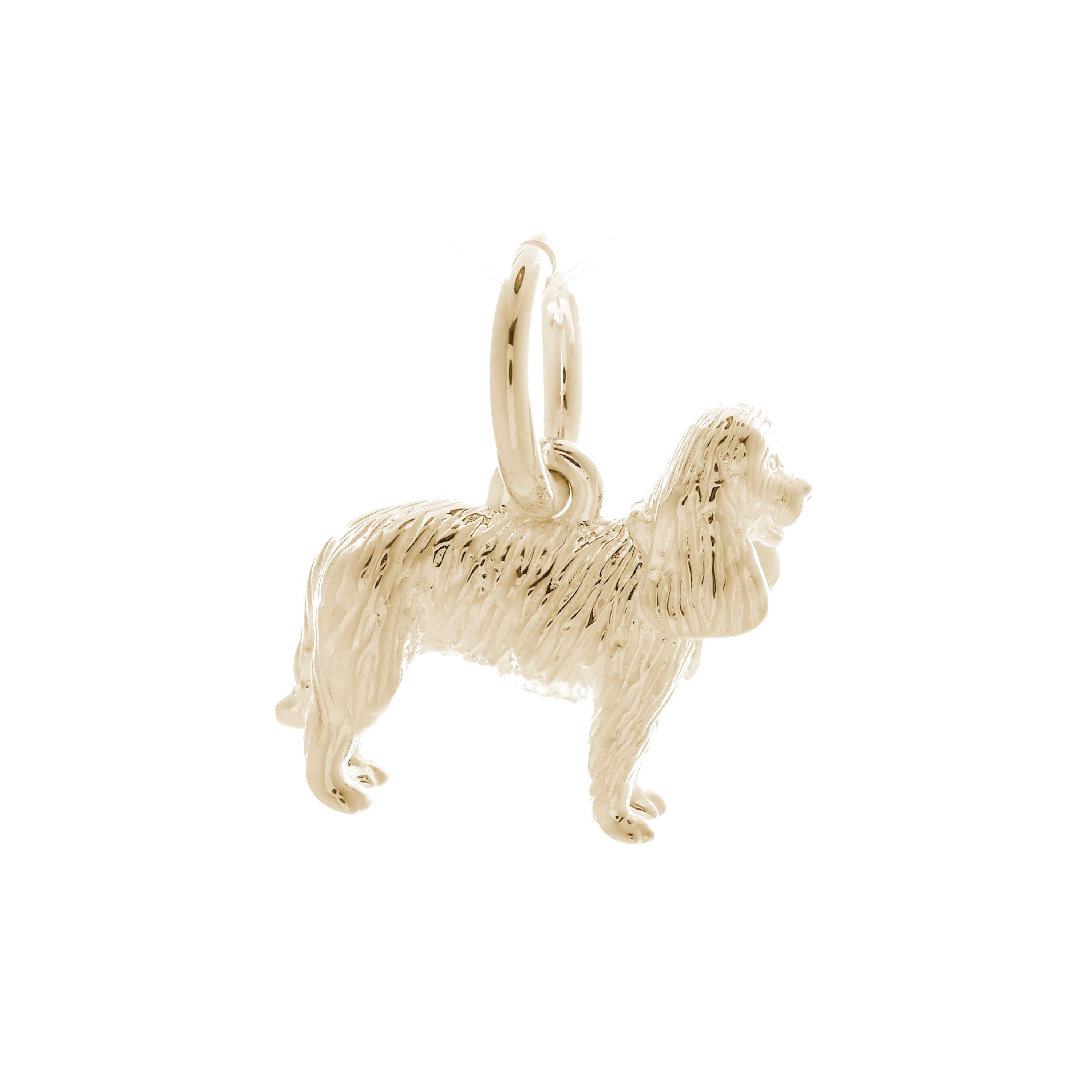 Solid 9ct gold King Charles Spaniel charm with tiny bandana, perfect for a charm bracelet or necklace.