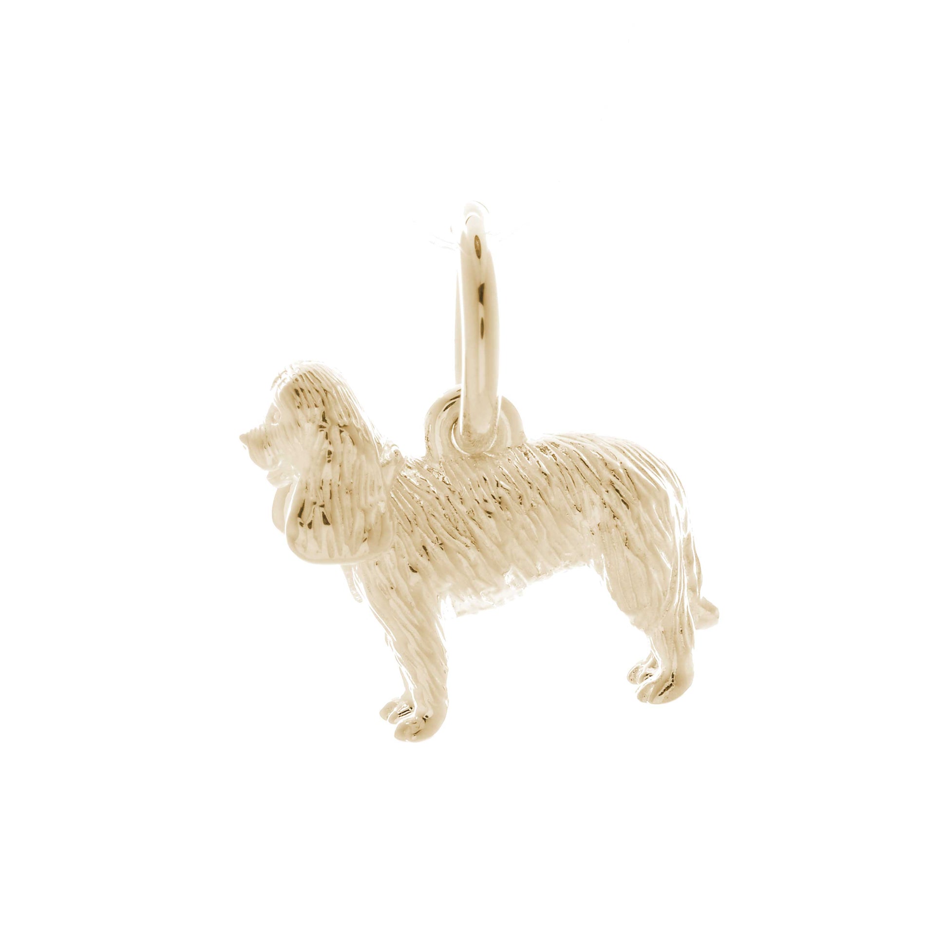 Solid 9ct gold King Charles Spaniel charm with tiny bandana, perfect for a charm bracelet or necklace.