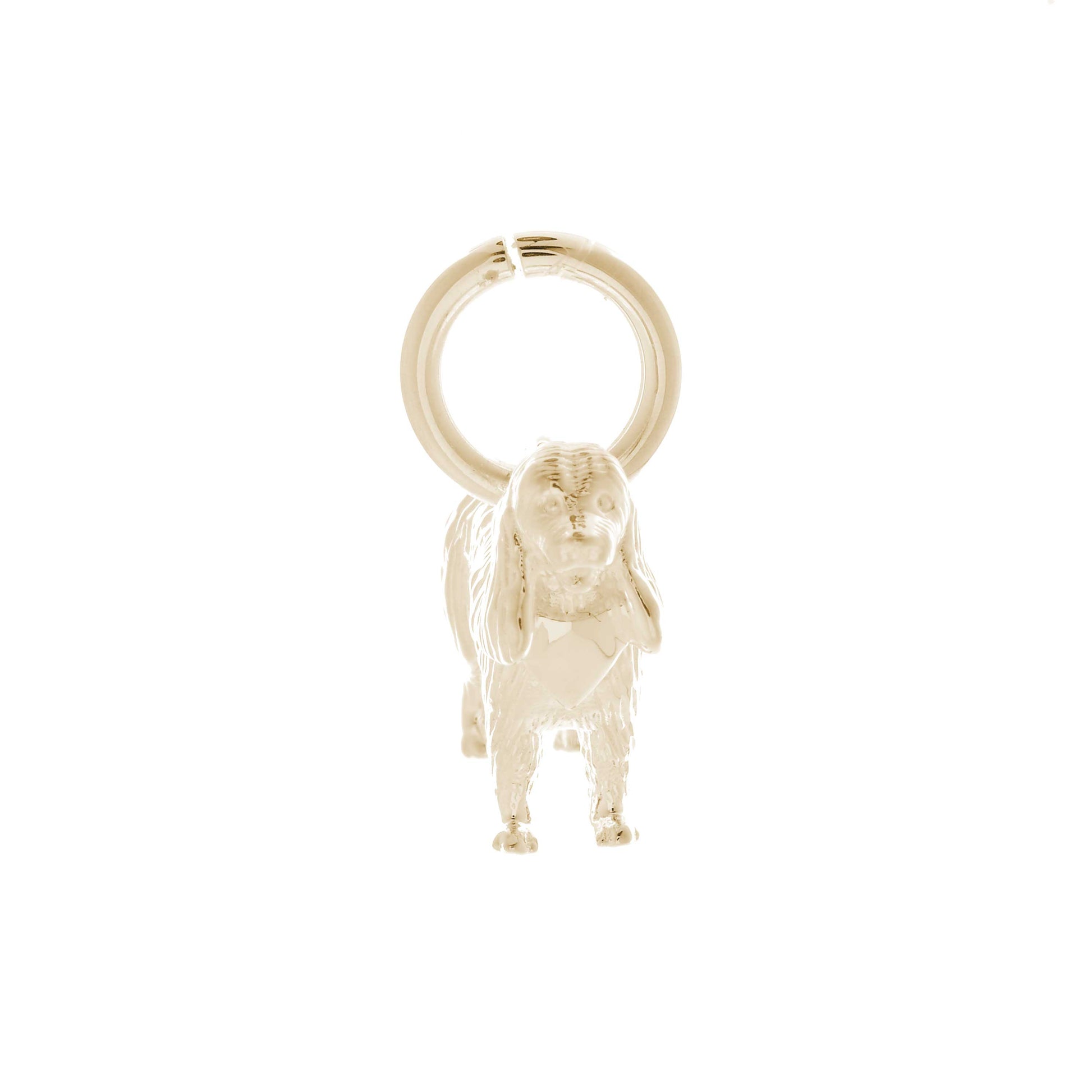 Solid 9ct gold King Charles Spaniel charm with tiny bandana, perfect for a charm bracelet or necklace.