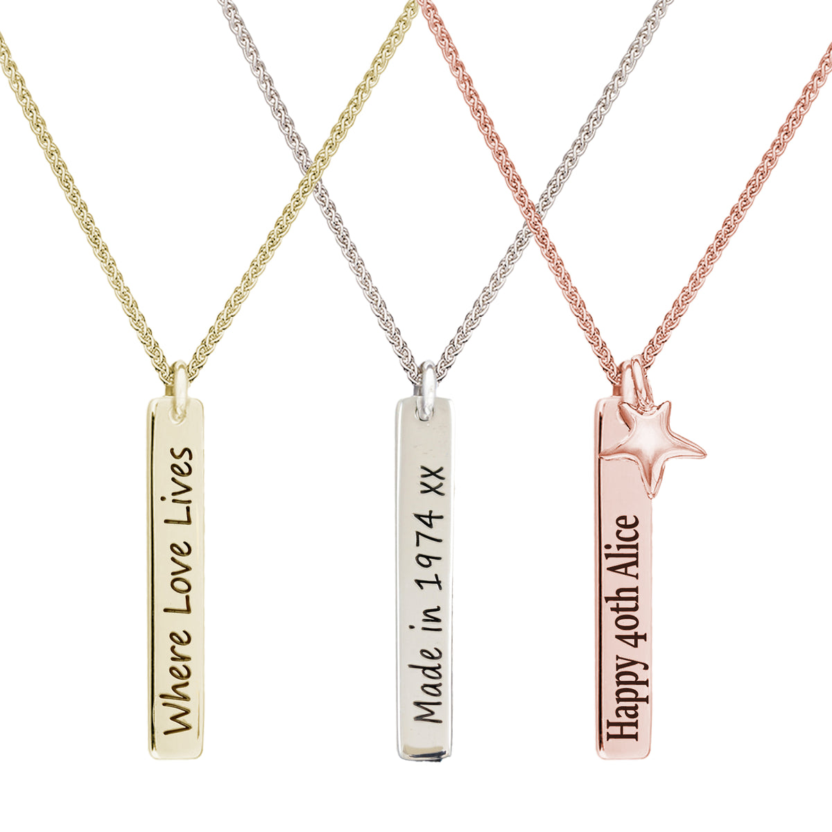 silver gold and rose gold message tag necklaces personalized with 40th 50th birthday messages