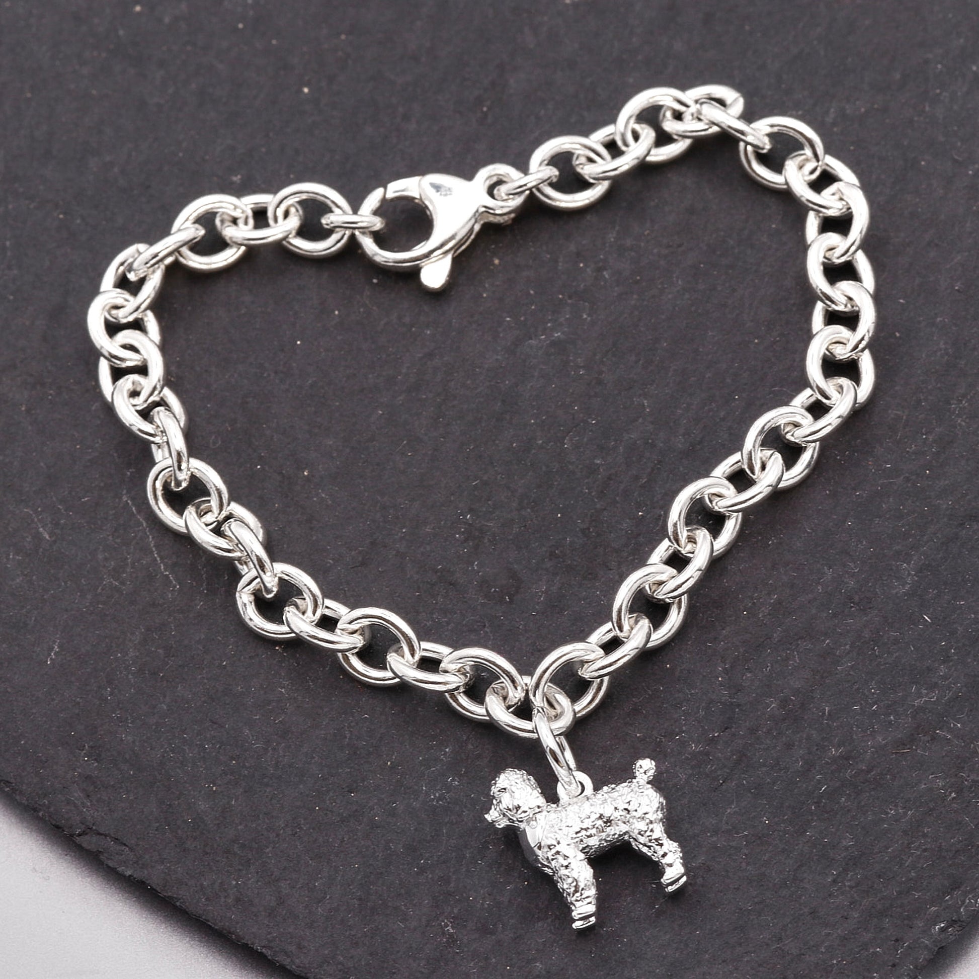 Silver chain bracelet with a dog charm on a dark slate background