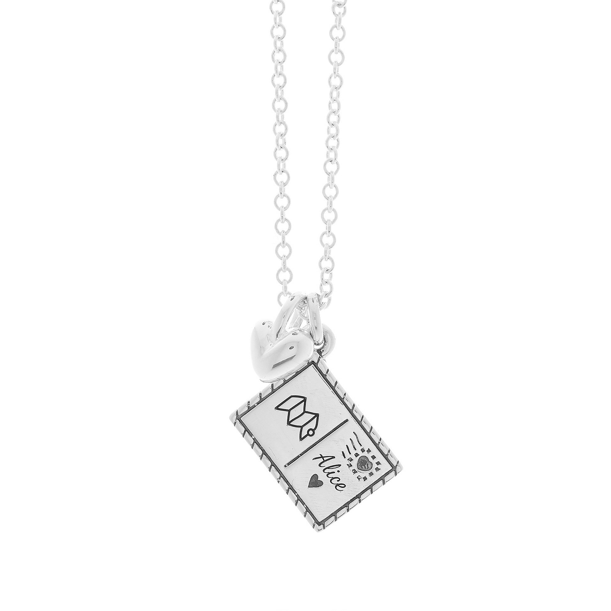 silver personalised postcard with heart necklace