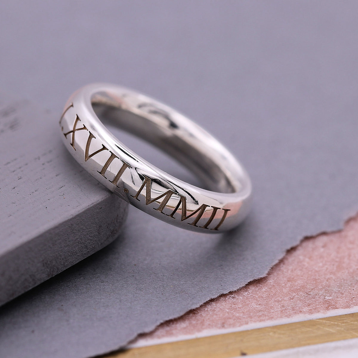 5mm mens silver ring engraved with date in roman numerals for 21st birthday