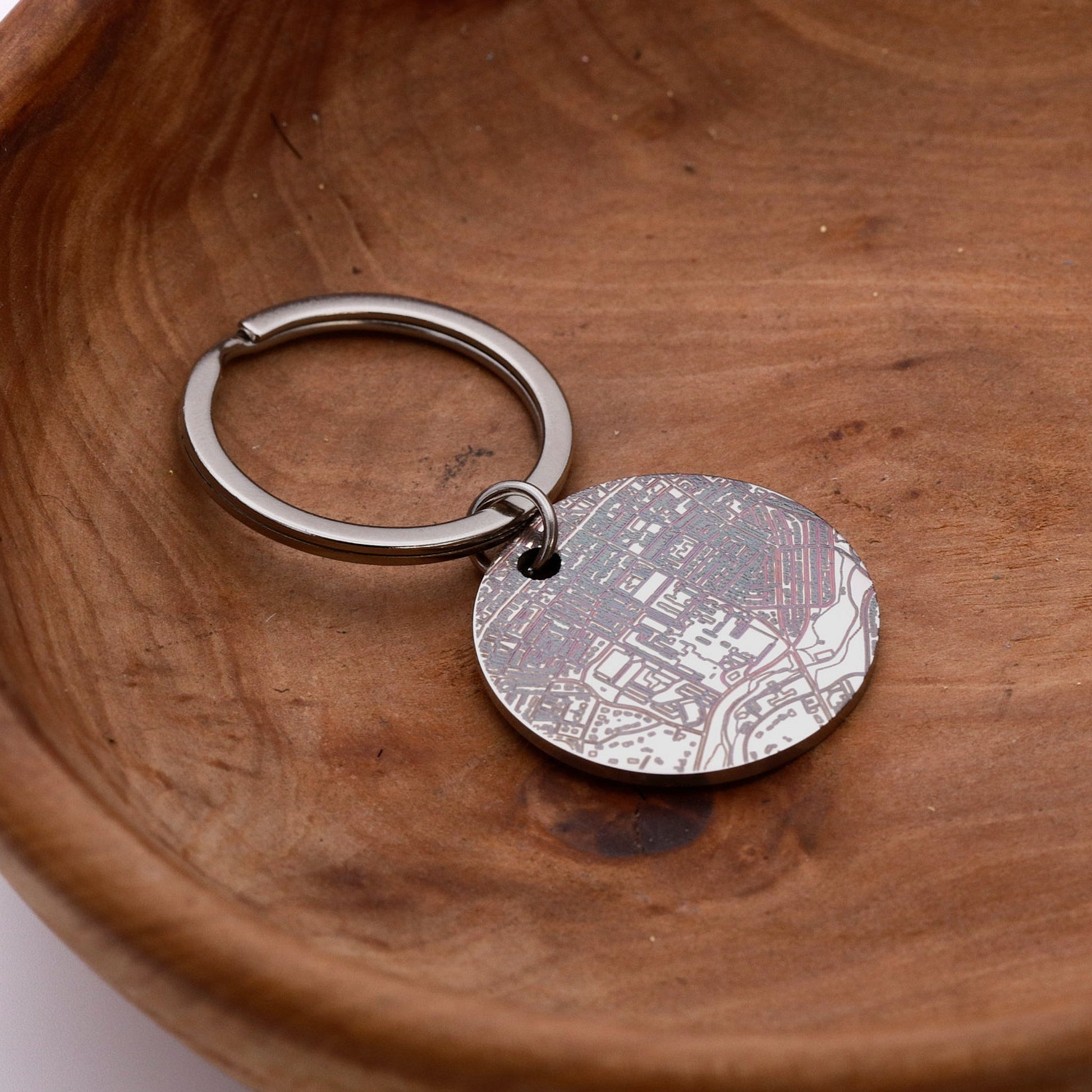silver keyring with coloured anneal engraving marks