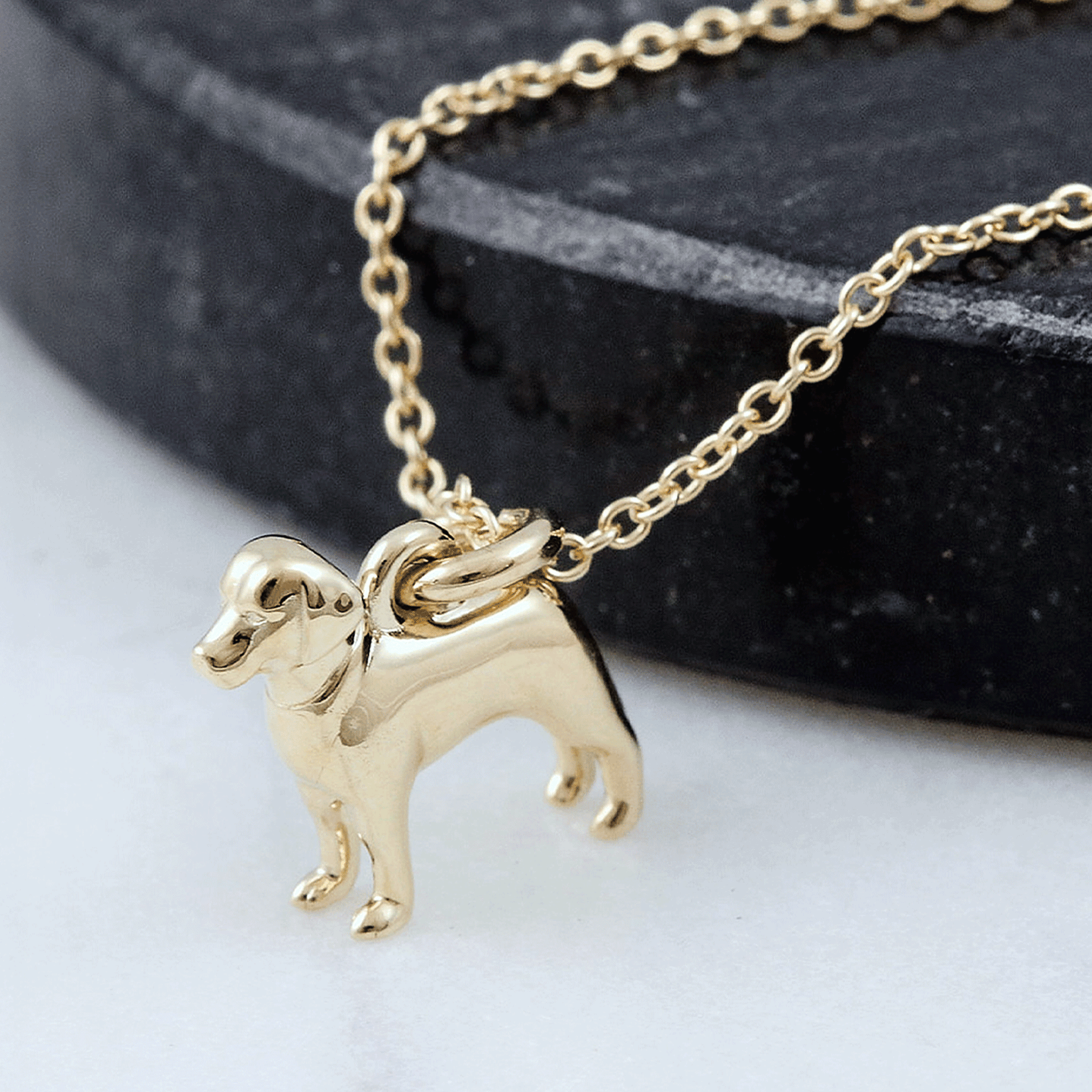 Gold dog-shaped pendant on a chain against a dark stone background