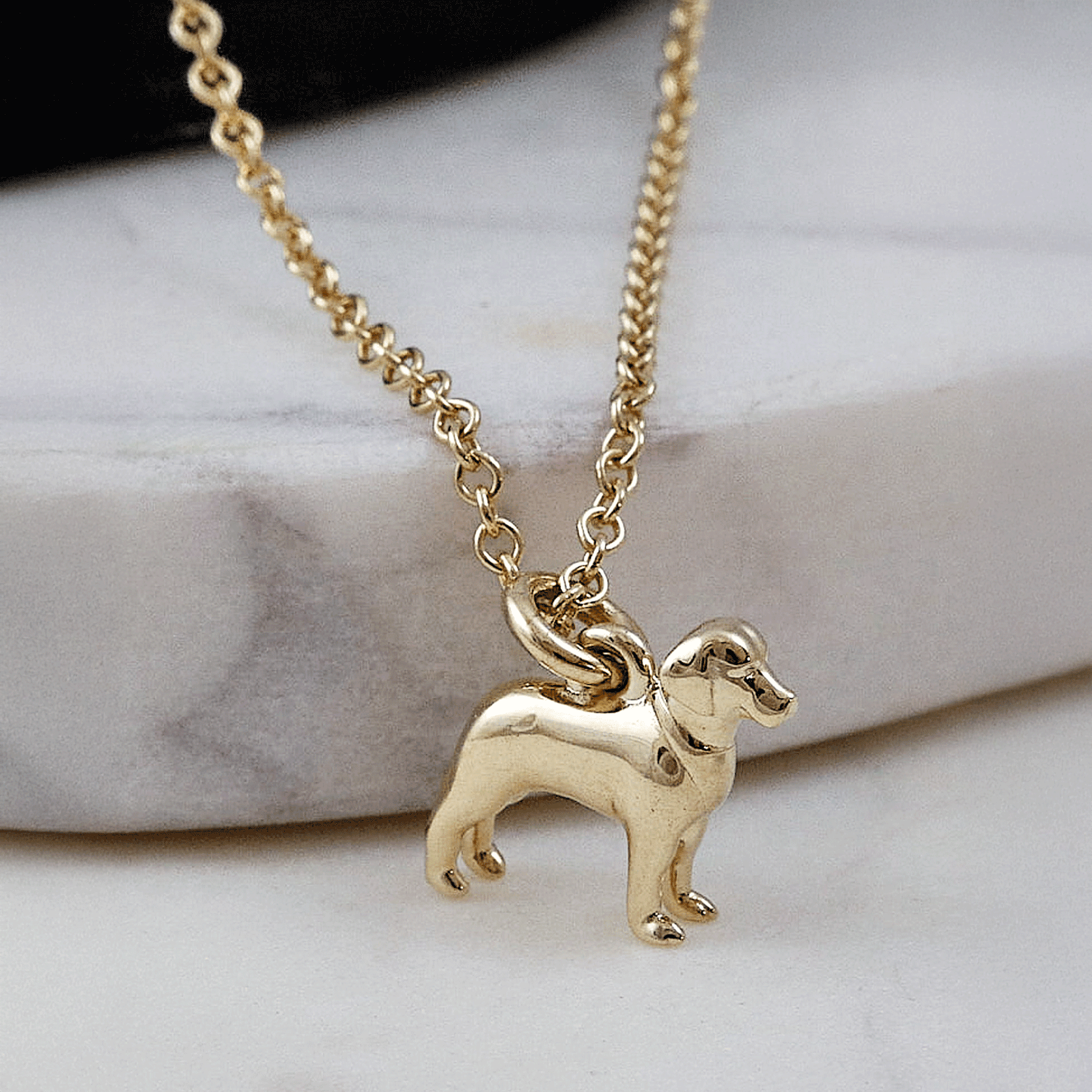 Gold dog-shaped pendant on a chain against a marble background