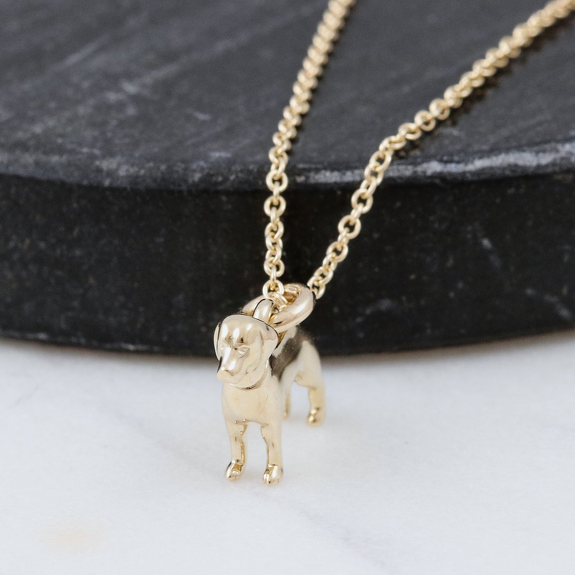 Gold dog-shaped pendant on a chain against a dark stone background