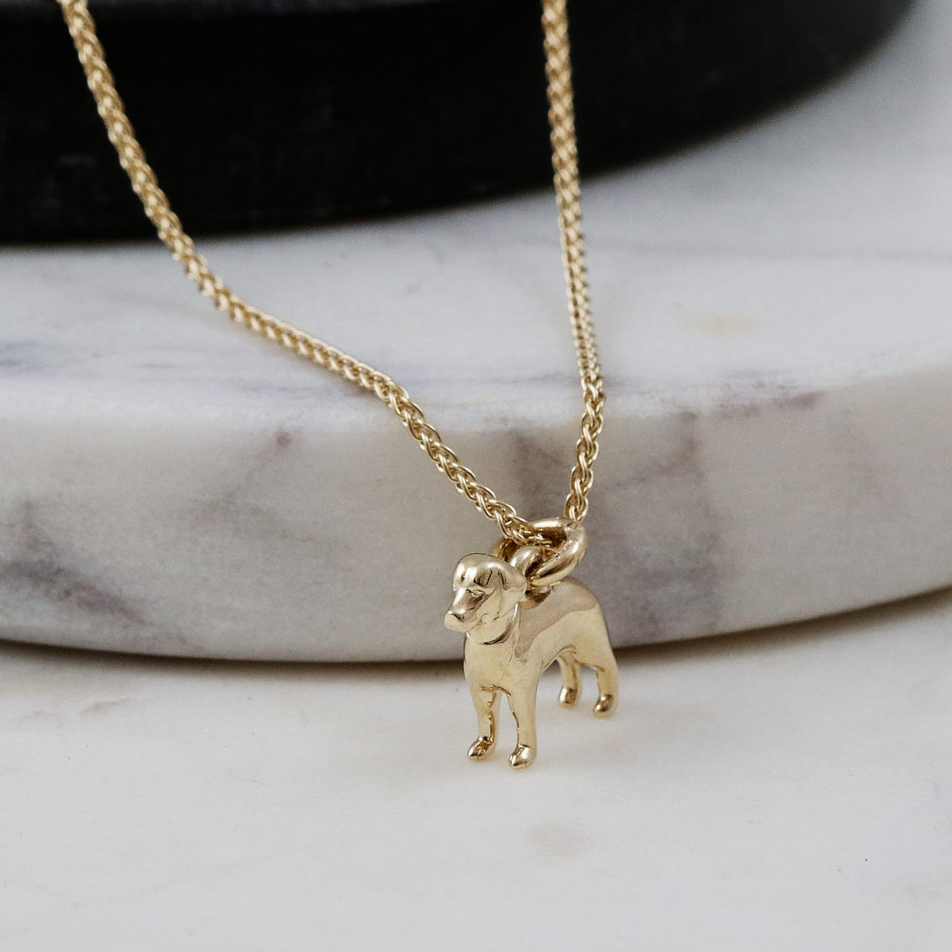Gold dog-shaped pendant on a chain against a marble background