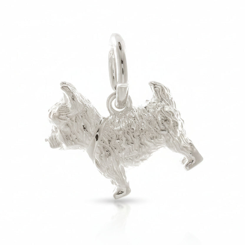 Silver dog-shaped pendant on a white background