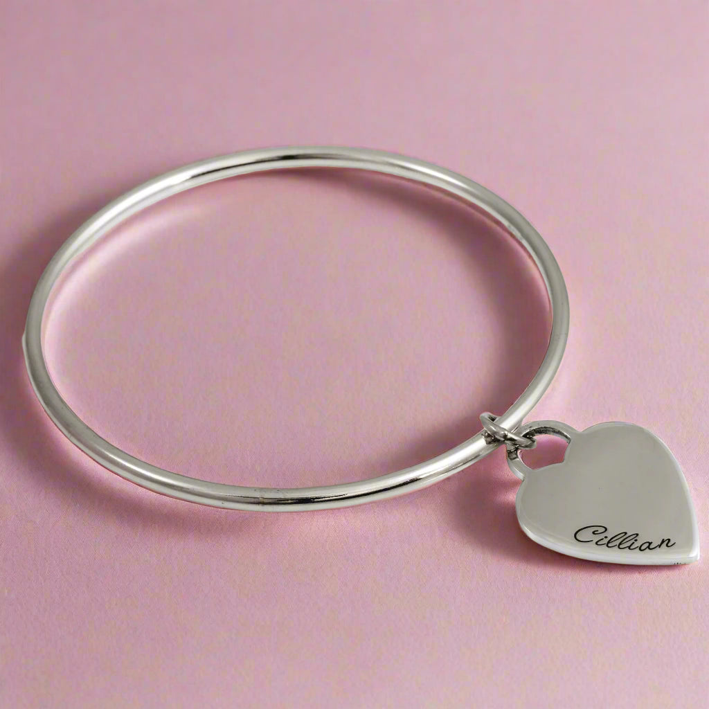 3mm silver bangle with large heart tag charm engraved with name