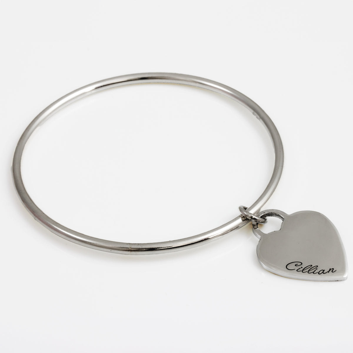 3mm silver bangle with large heart tag charm engraved with name