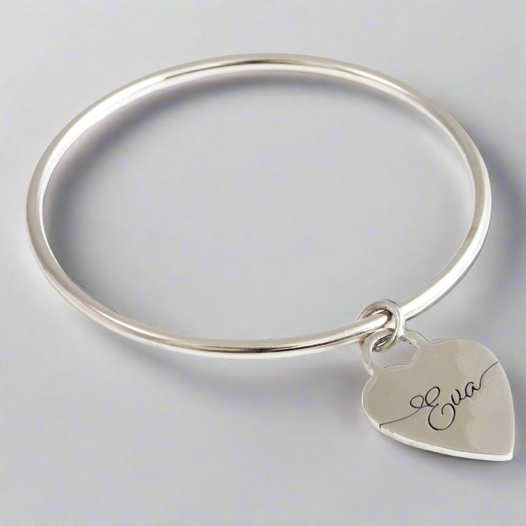 3mm bangle with script name on large tiffany style heart tag