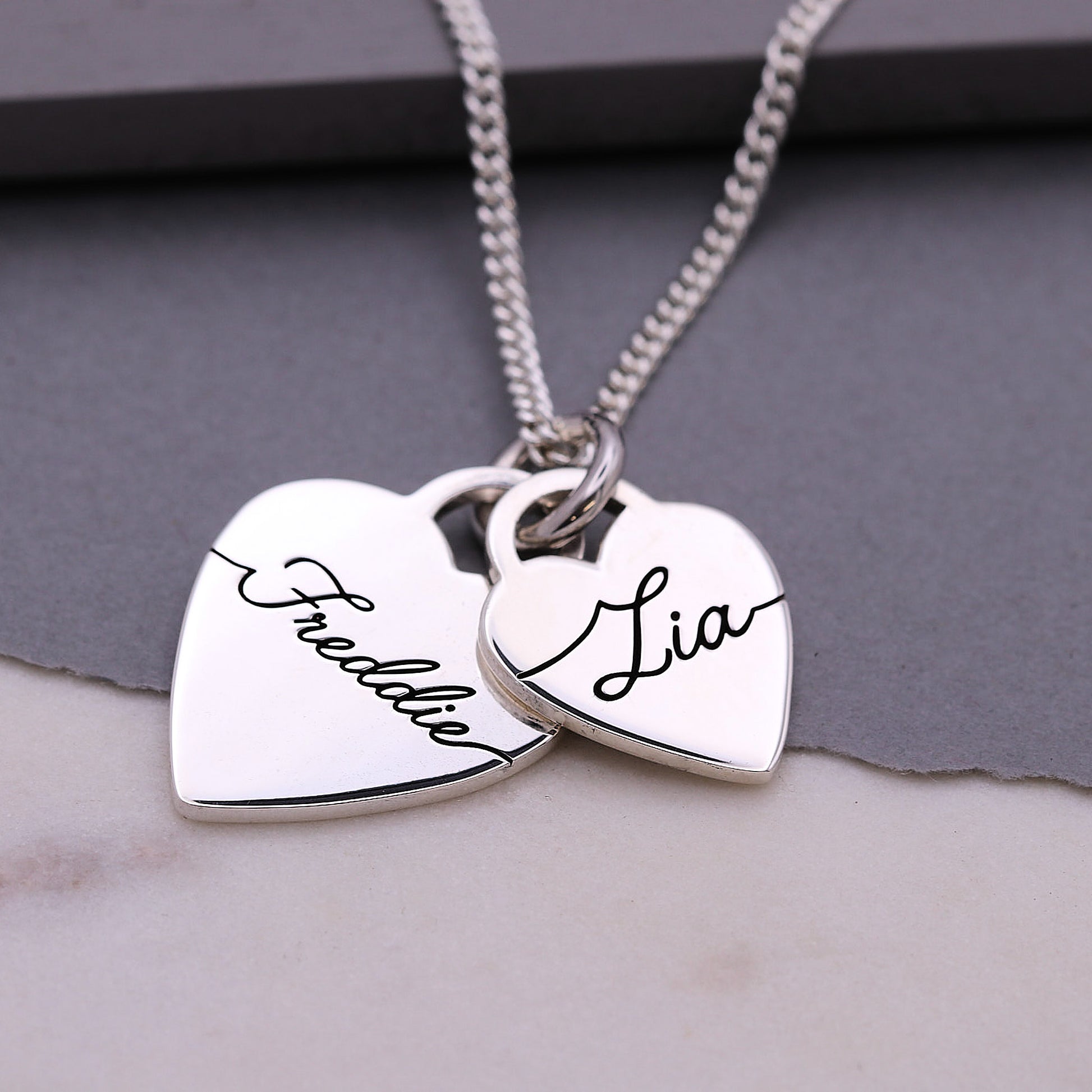 XL heart tags silver necklace with names engraved
