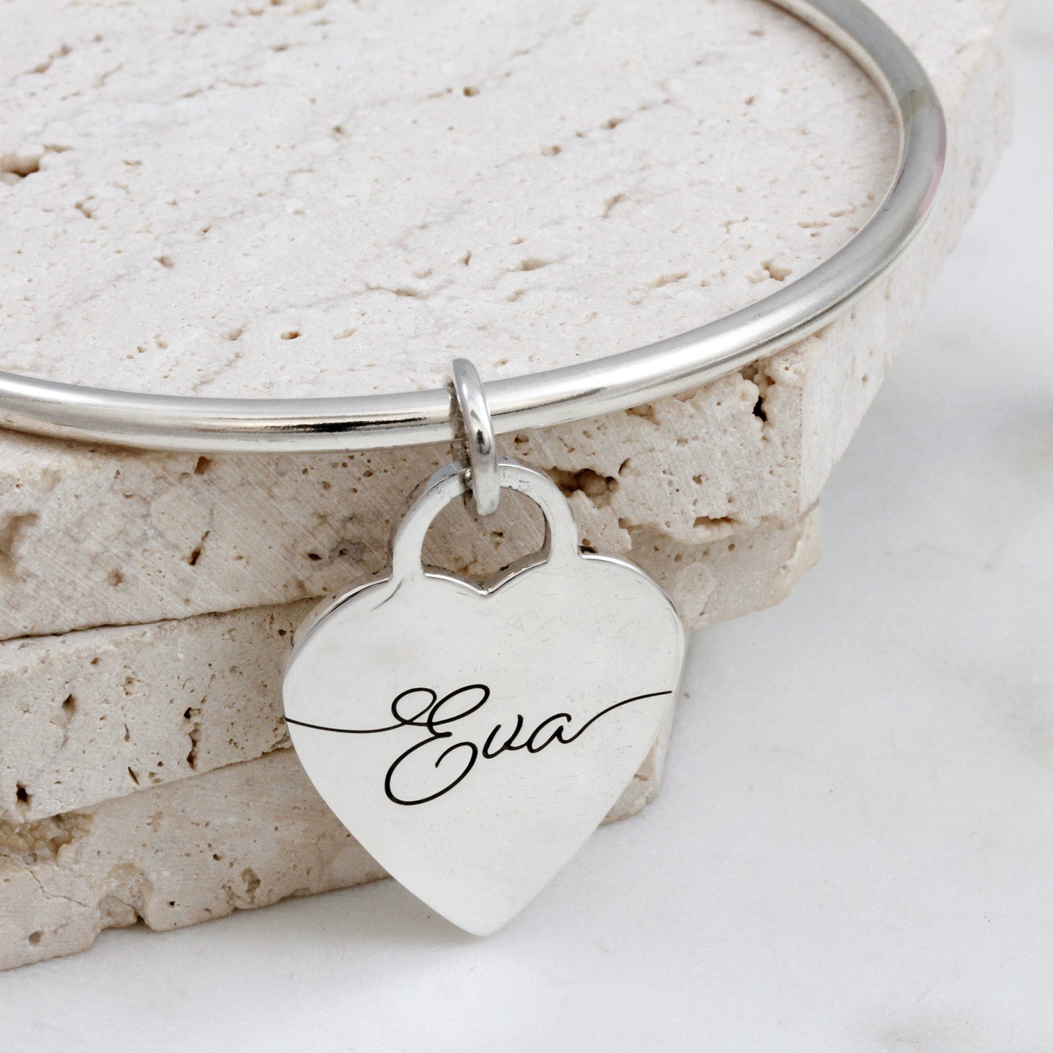 3mm bangle with script name on large tiffany style heart tag