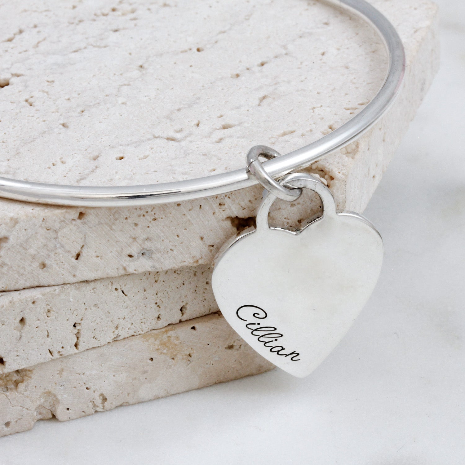 2.5mm silver bangle with large heart tag charm engraved with name