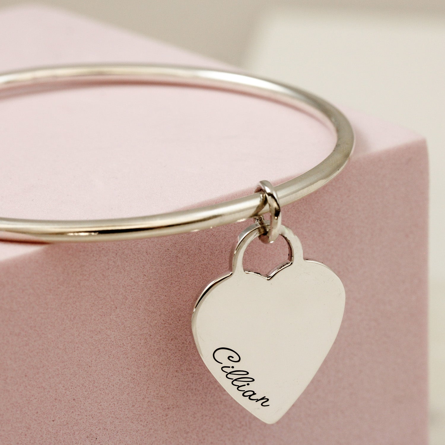 3mm silver bangle with large heart tag charm engraved with name