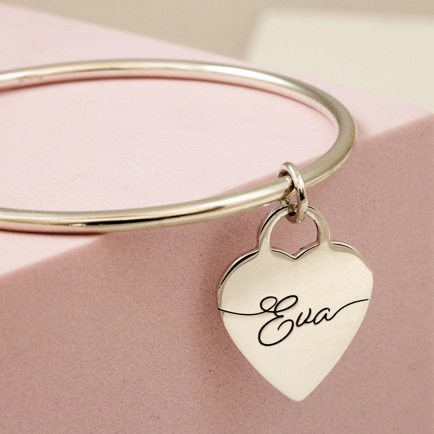 3mm bangle with script name on large tiffany style heart tag