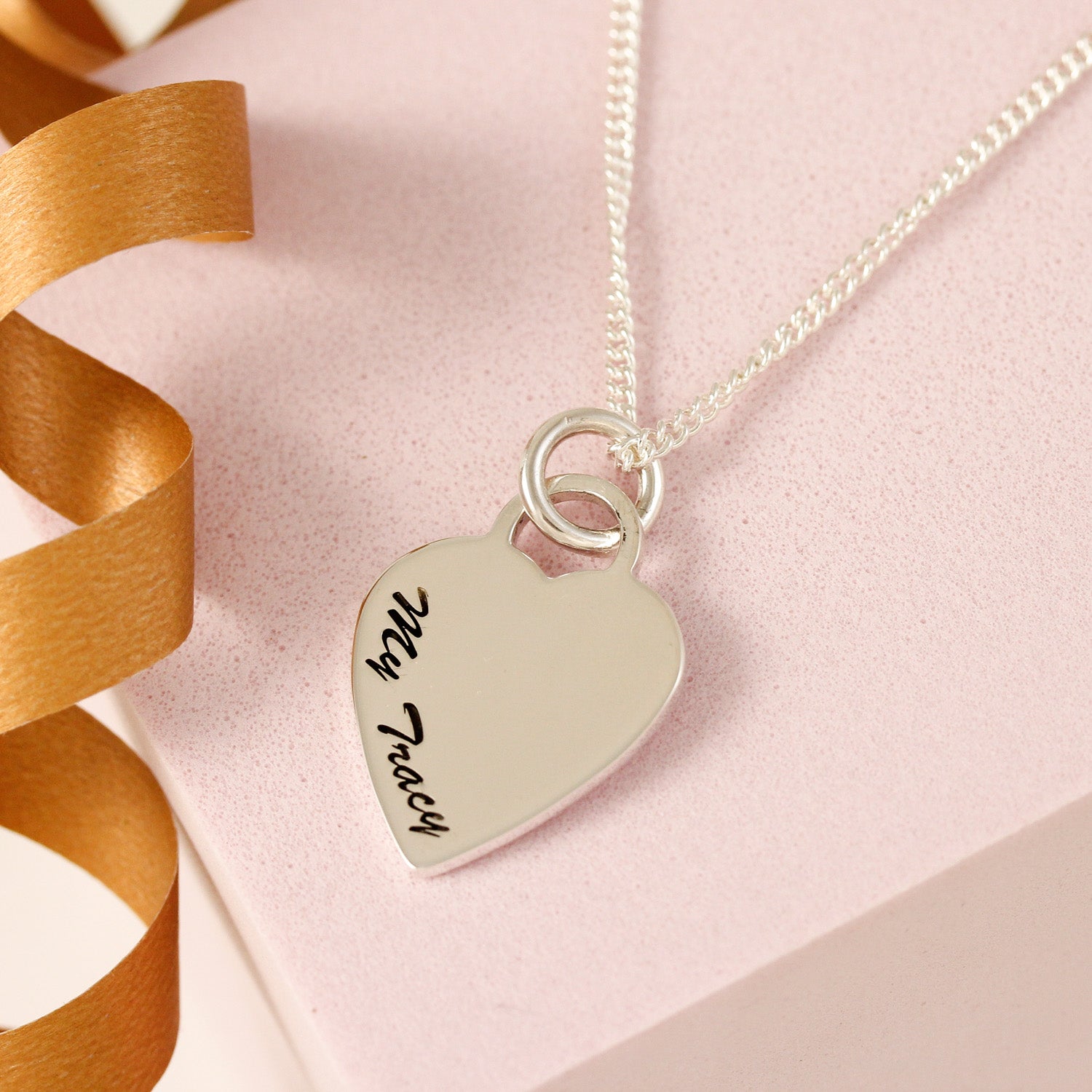 silver large heart tag necklace on curb chain