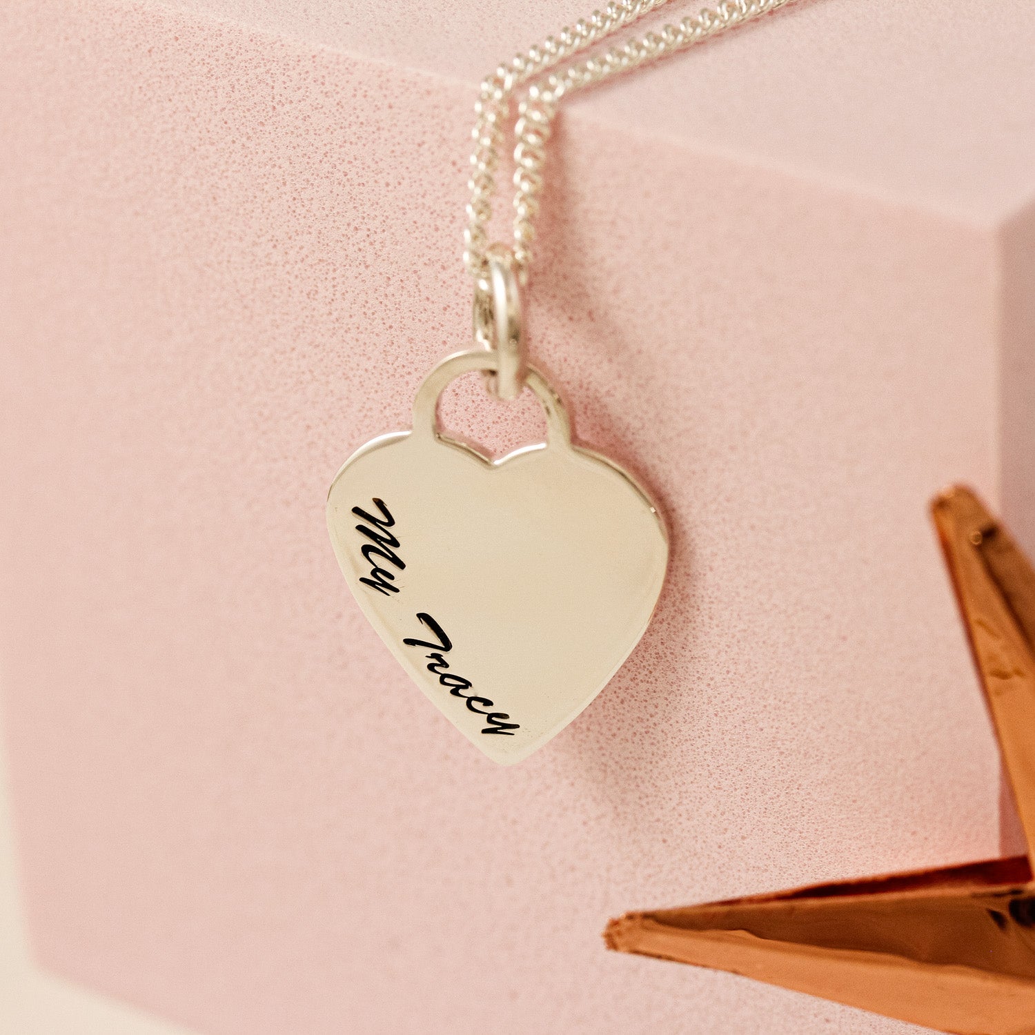 silver large heart tag necklace on curb chain