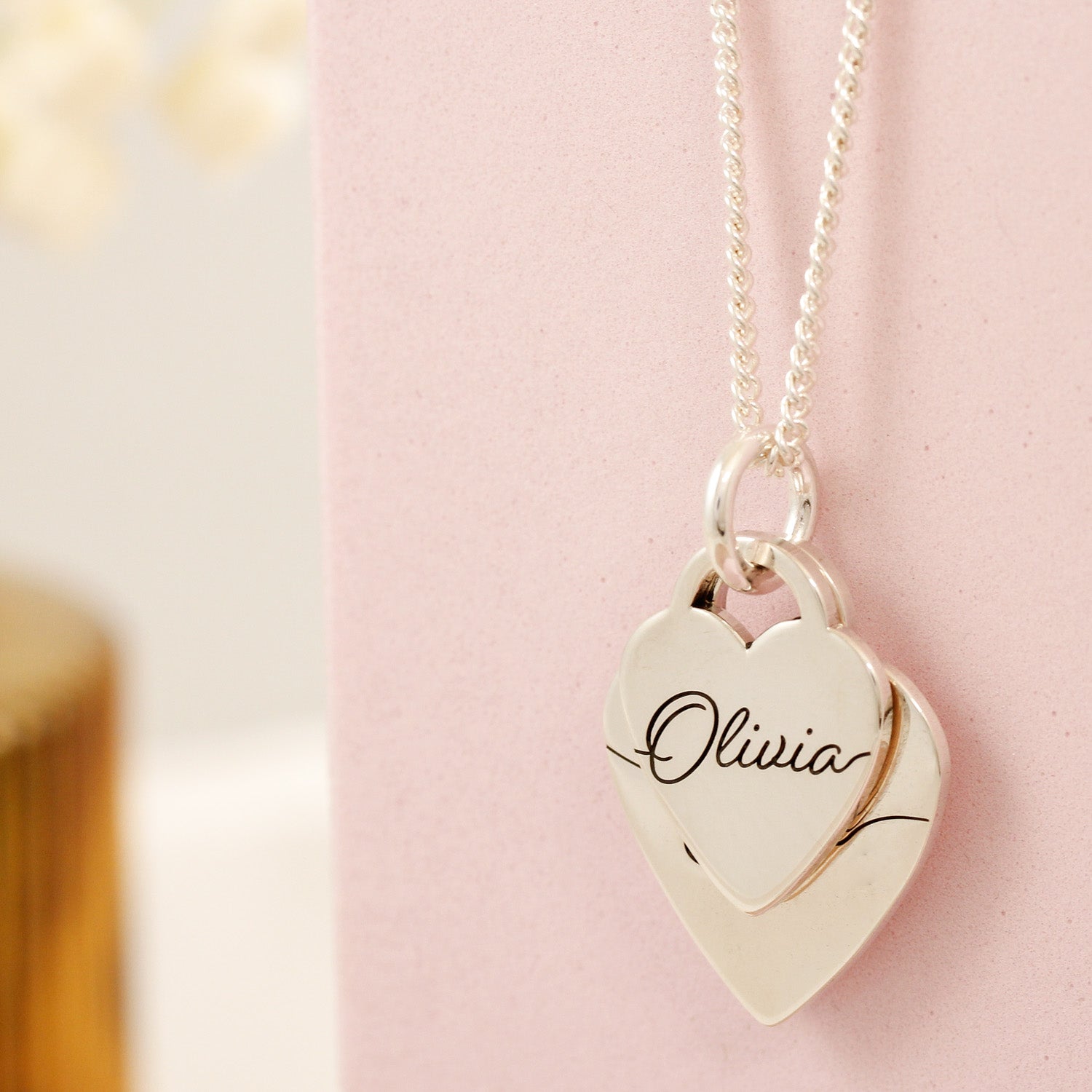 duo XL heart tag silver necklace with script personalised names engraved