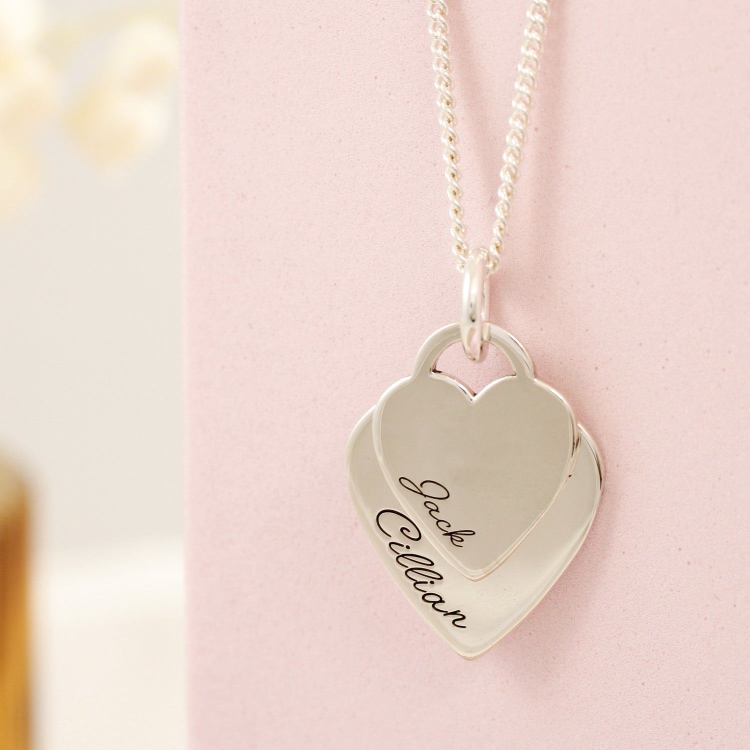 XL duo heart tag personalised kids names silver necklace