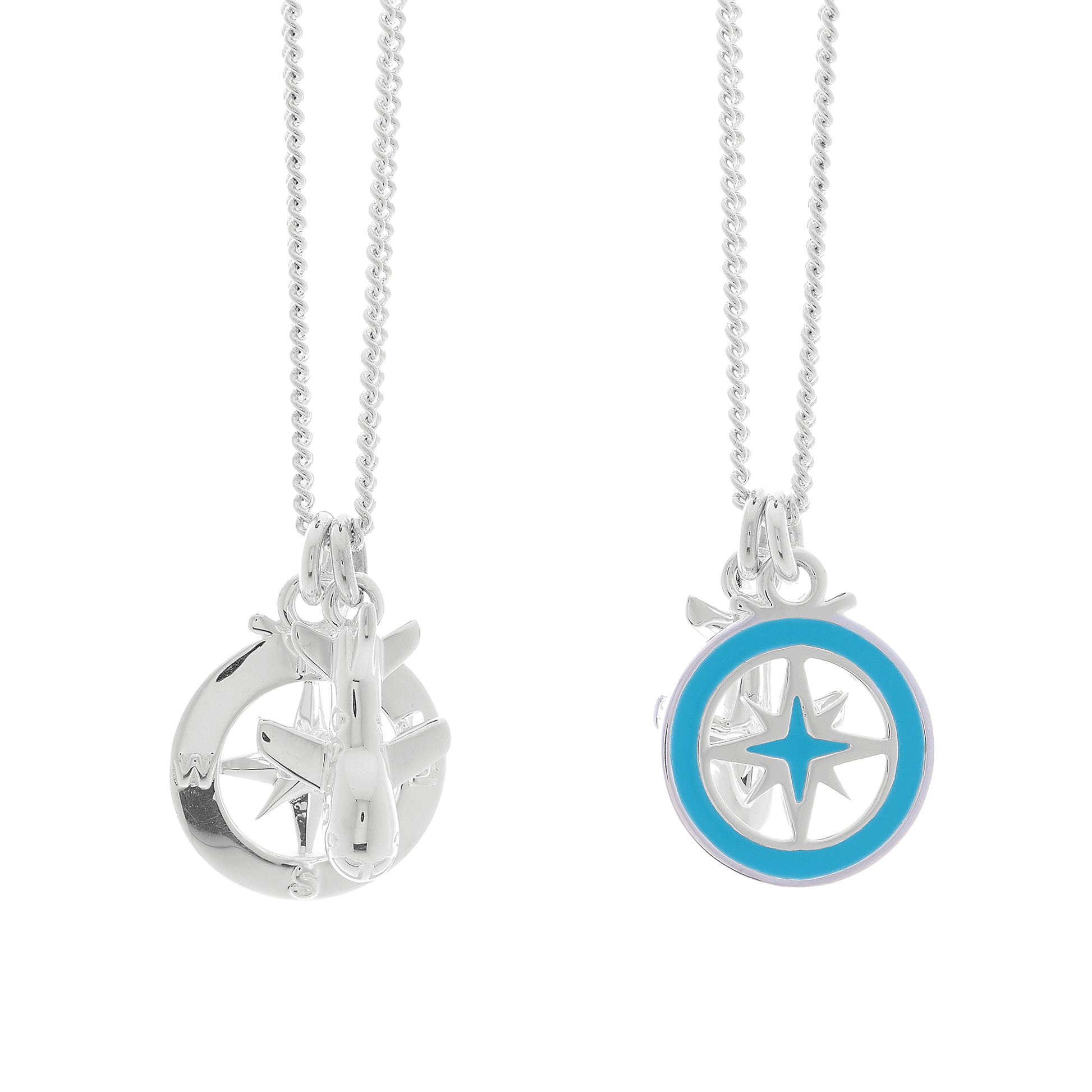 Front and back of silver & enamel travel necklaces with compass and aeroplane charms designs on a white background