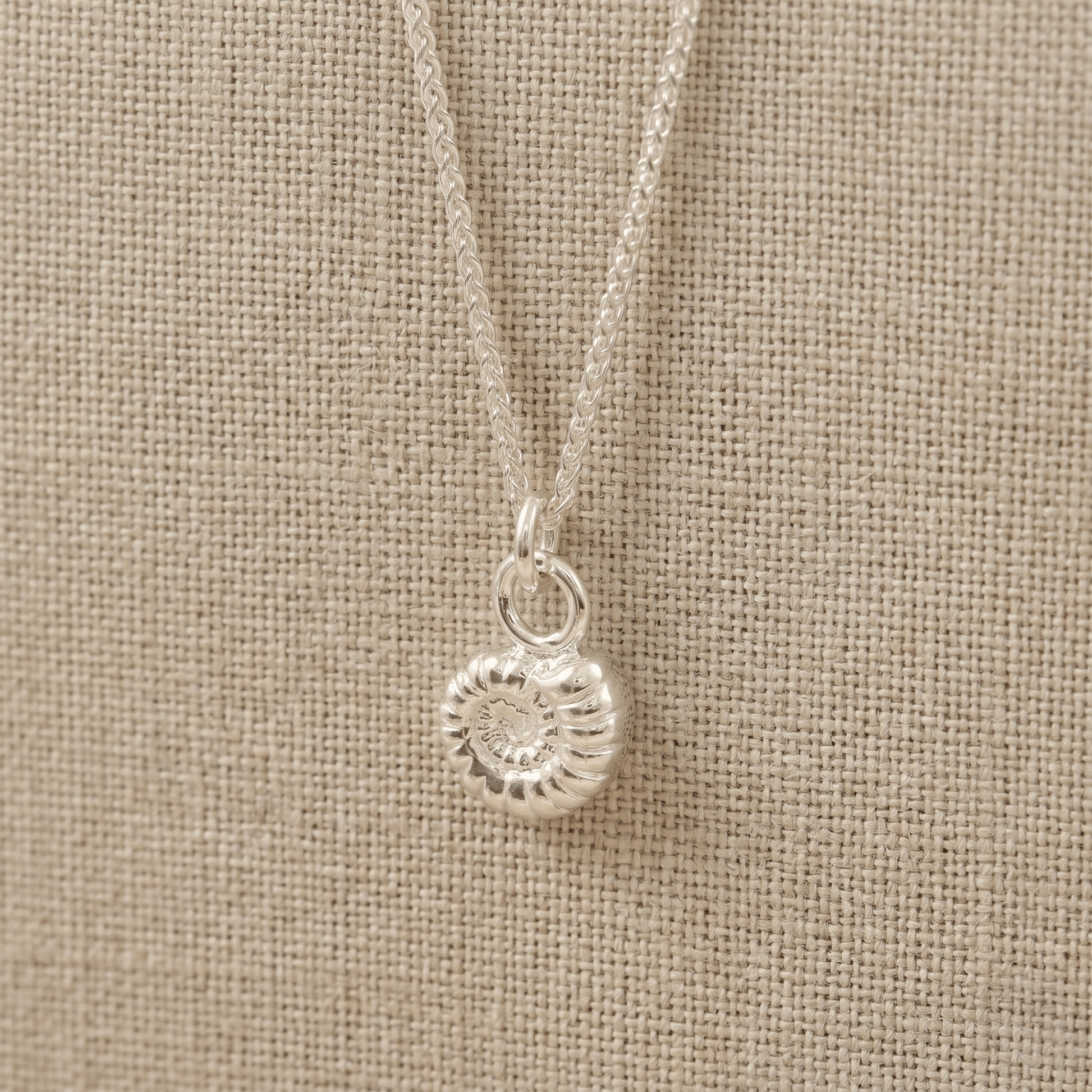 Silver necklace with a small ammonite pendant on a beige fabric background