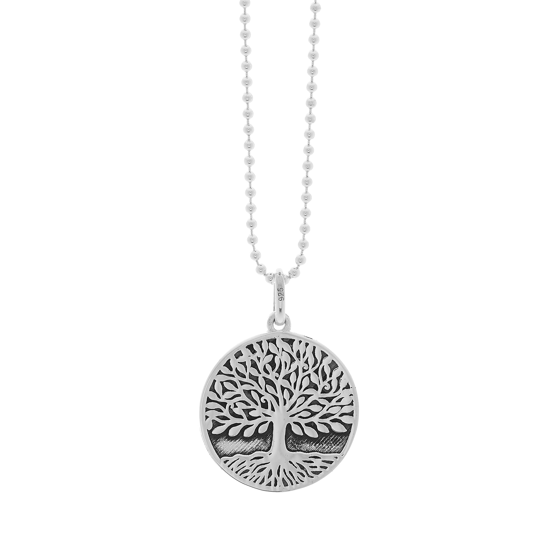 Silver tree of life oxidised pendant Arbor Vitae by Off The Map jewellery ball chain detail