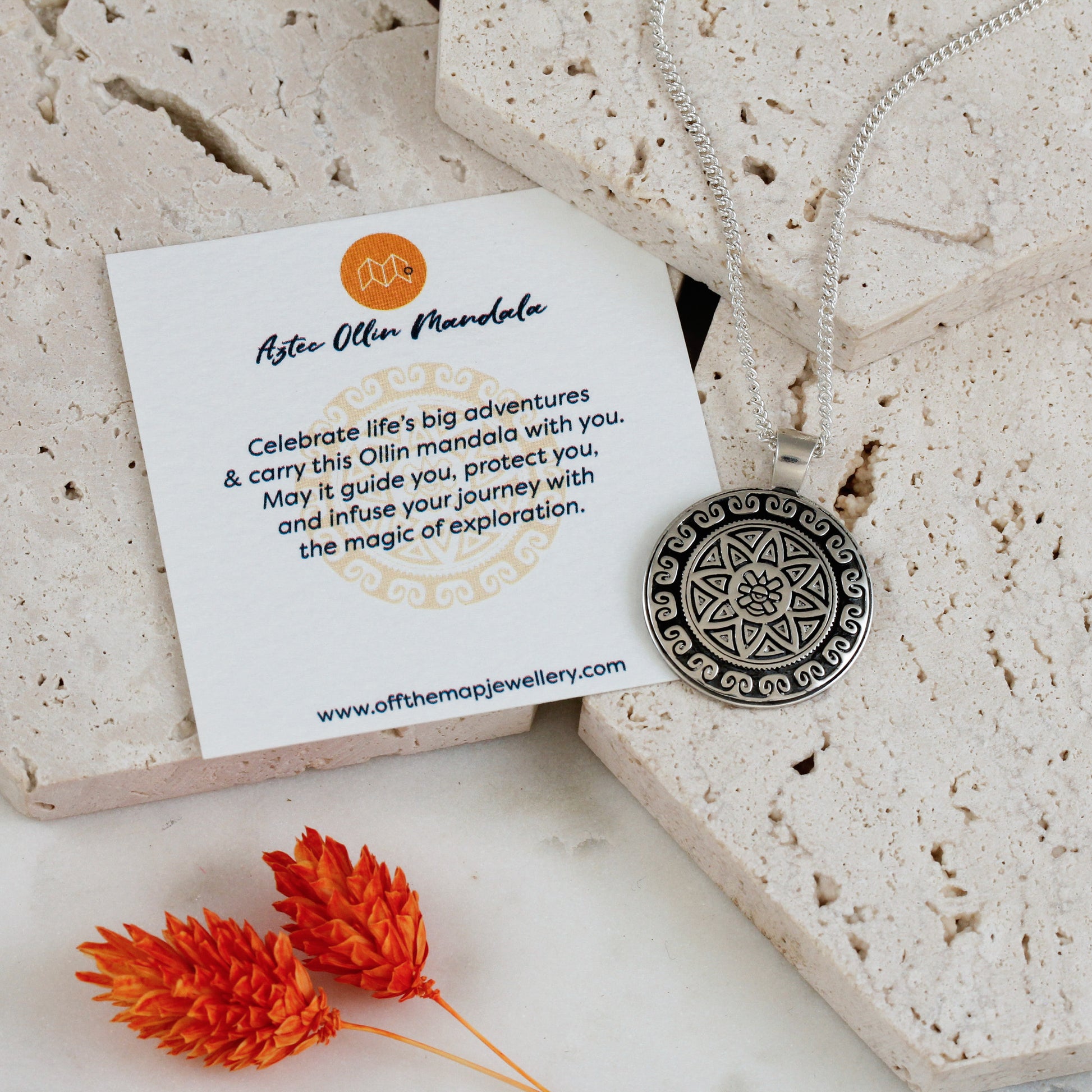 Aztec ollin mandala necklace for protection in travel