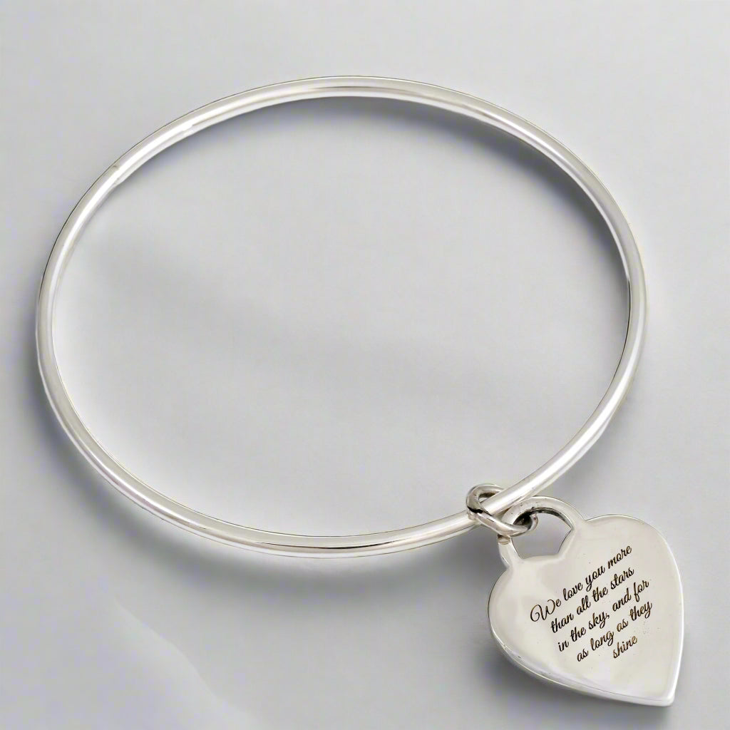 2.5mm silver bangle with large heart tag charm engraved with message