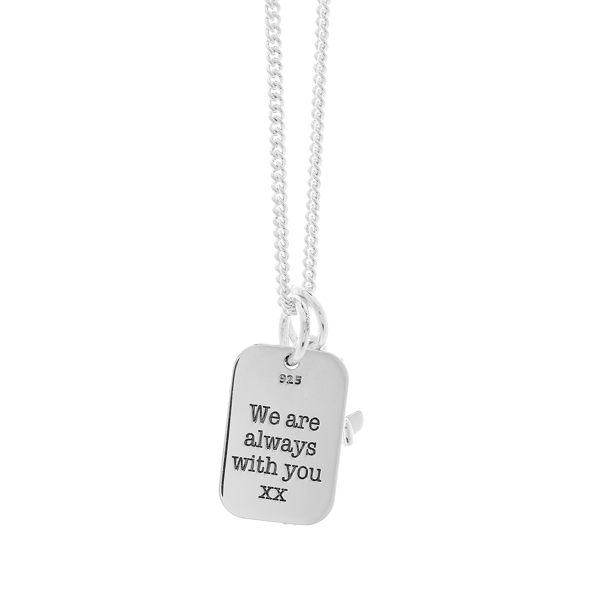 Silver necklace with a pendant that reads 'We are always with you xx' on a white background