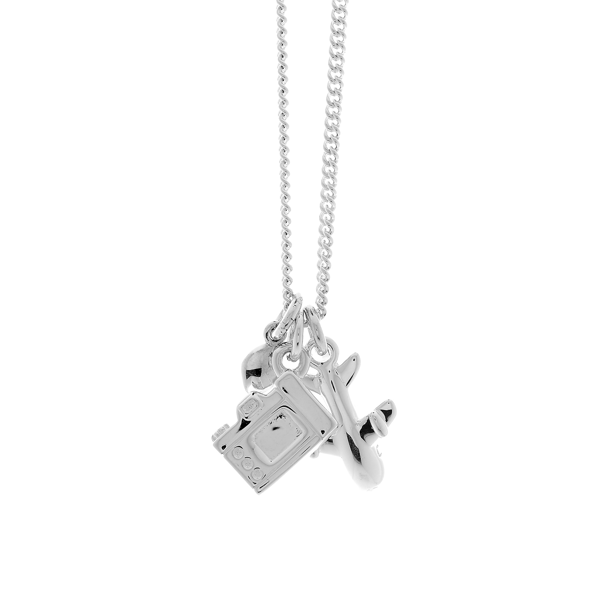 Silver travel themed necklace with aeroplane and SLR camera charms on a white background