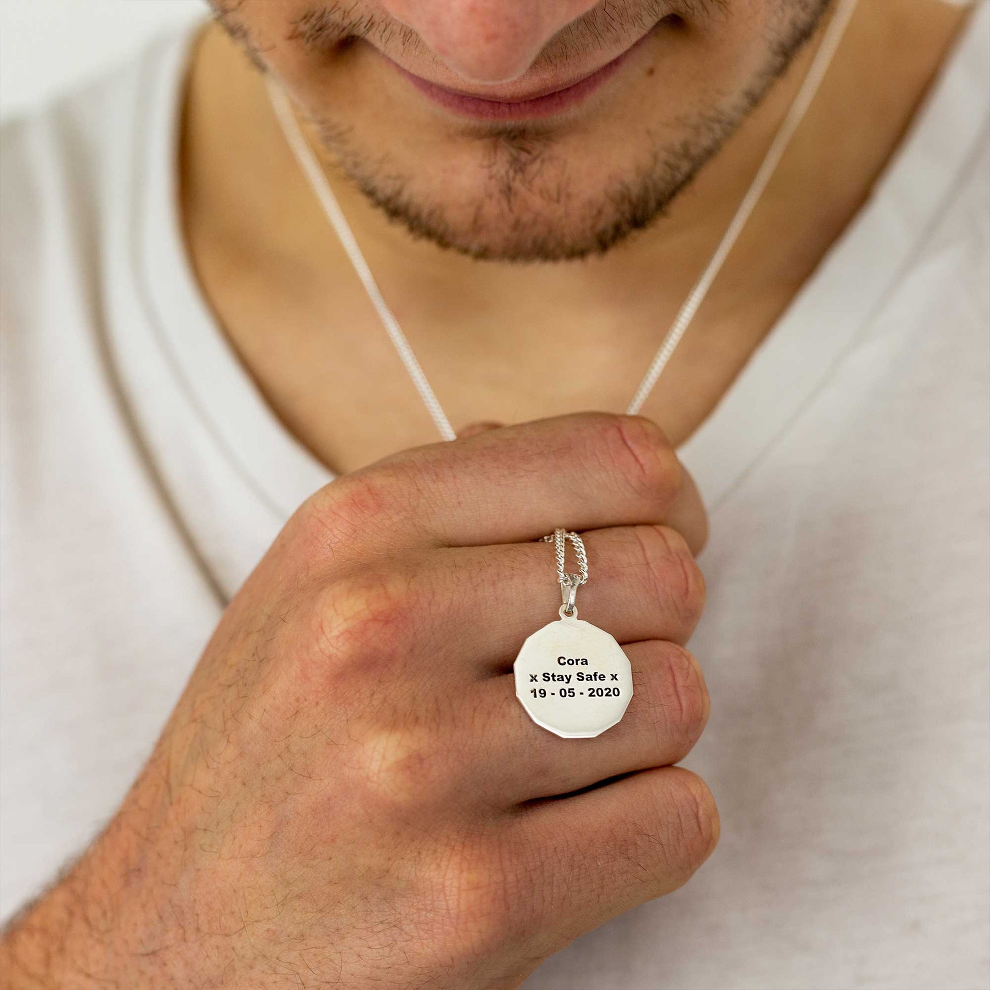 mens small sized engraved 12 sided Saint Christopher silver necklace