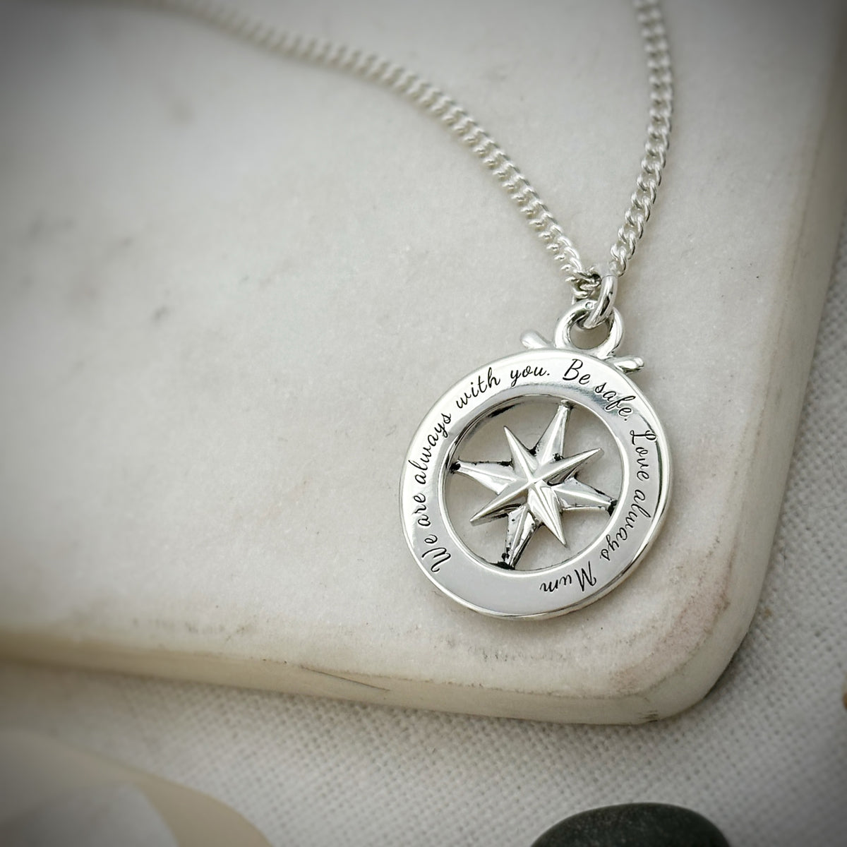 back of engraved compass necklace on 2.3mm curb chain