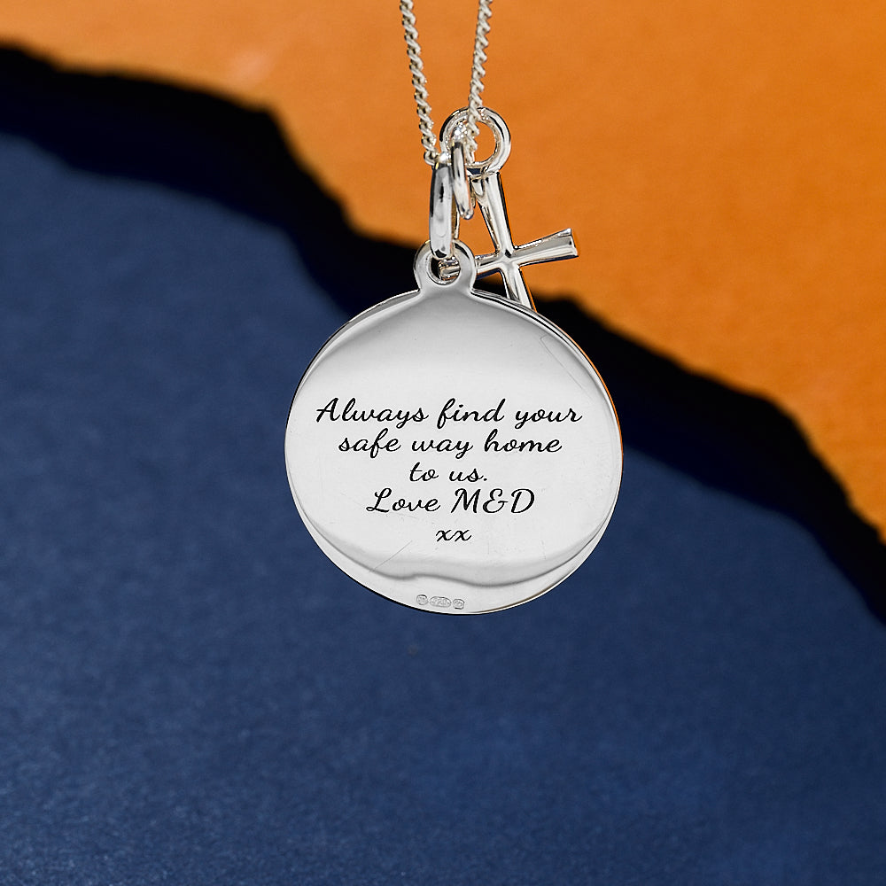 silver large saint christopher with cross necklace engraved back