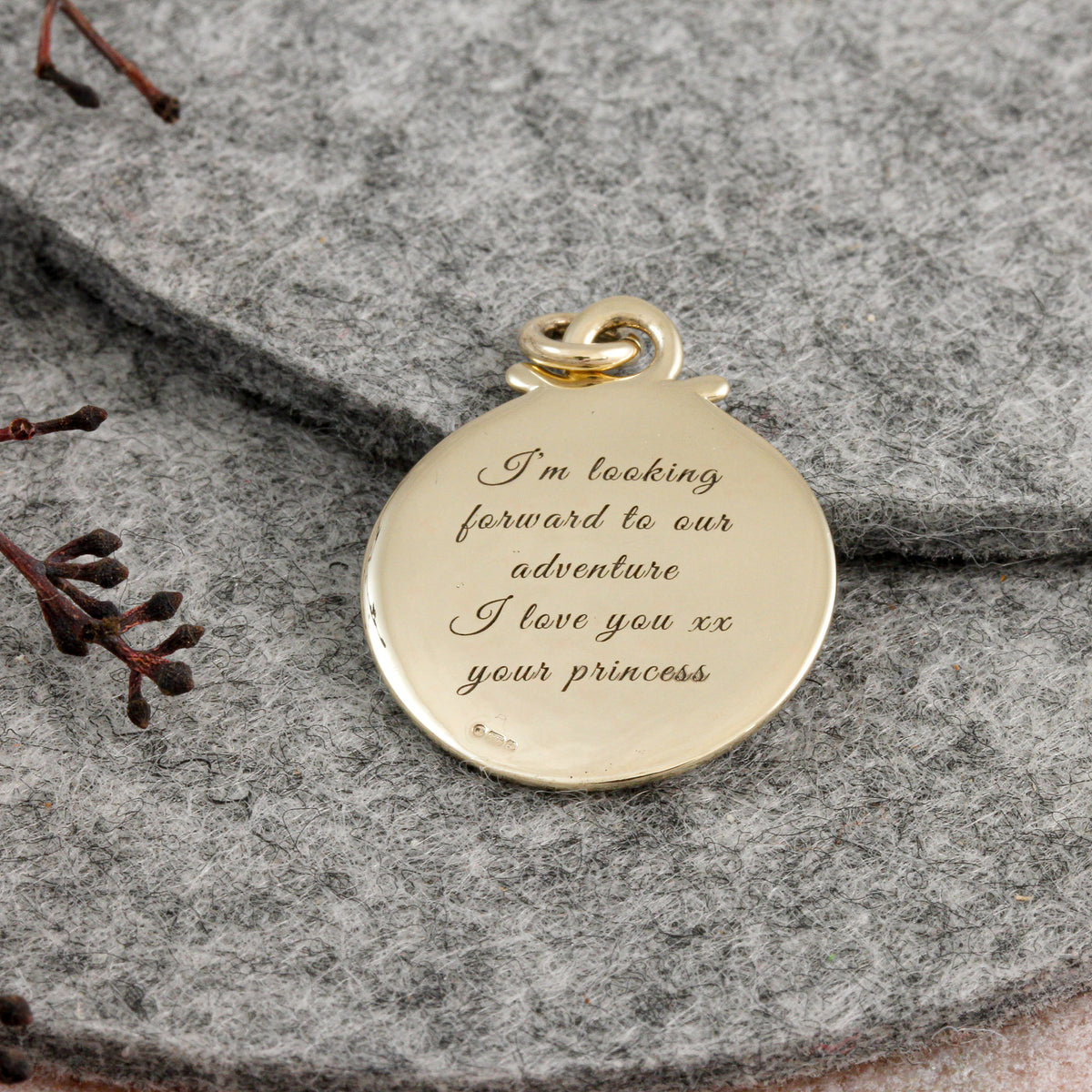 engraved back of solid gold compass st christopher necklace