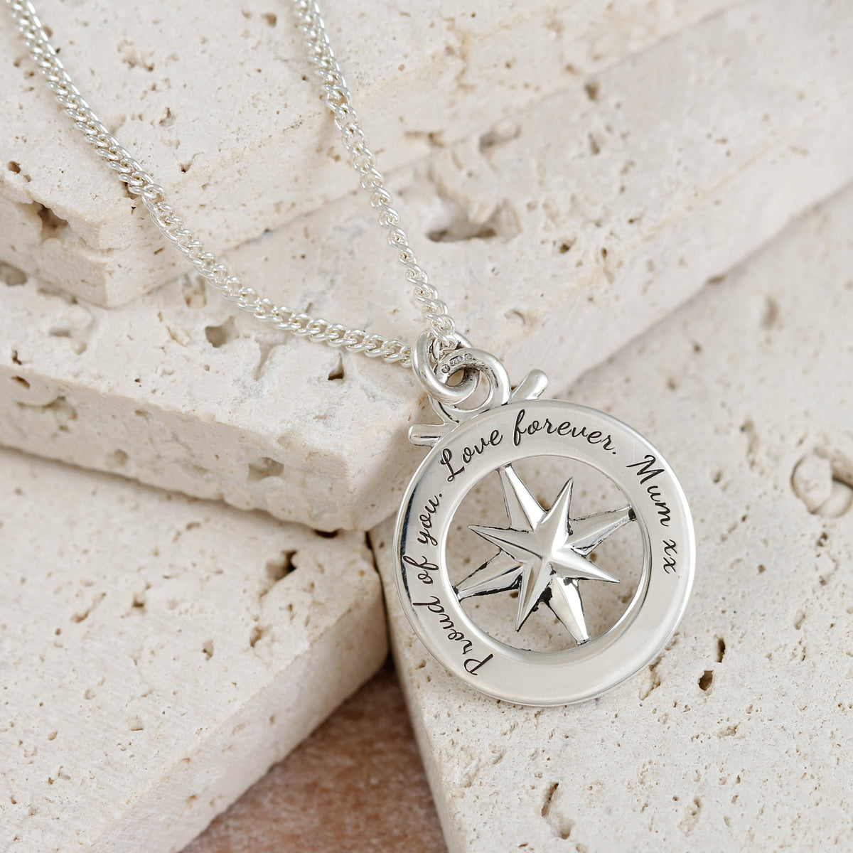 back of engraved compass necklace on 2.1mm curb chain