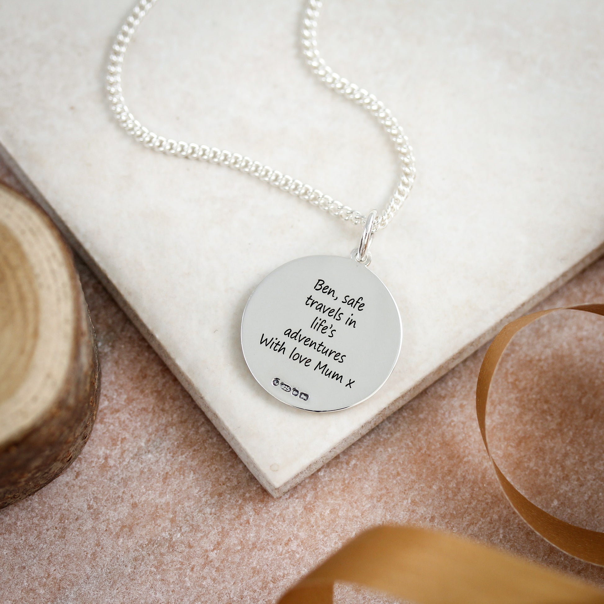 Engraved back of Storm Guardian St Christopher necklace safe travels gift for son