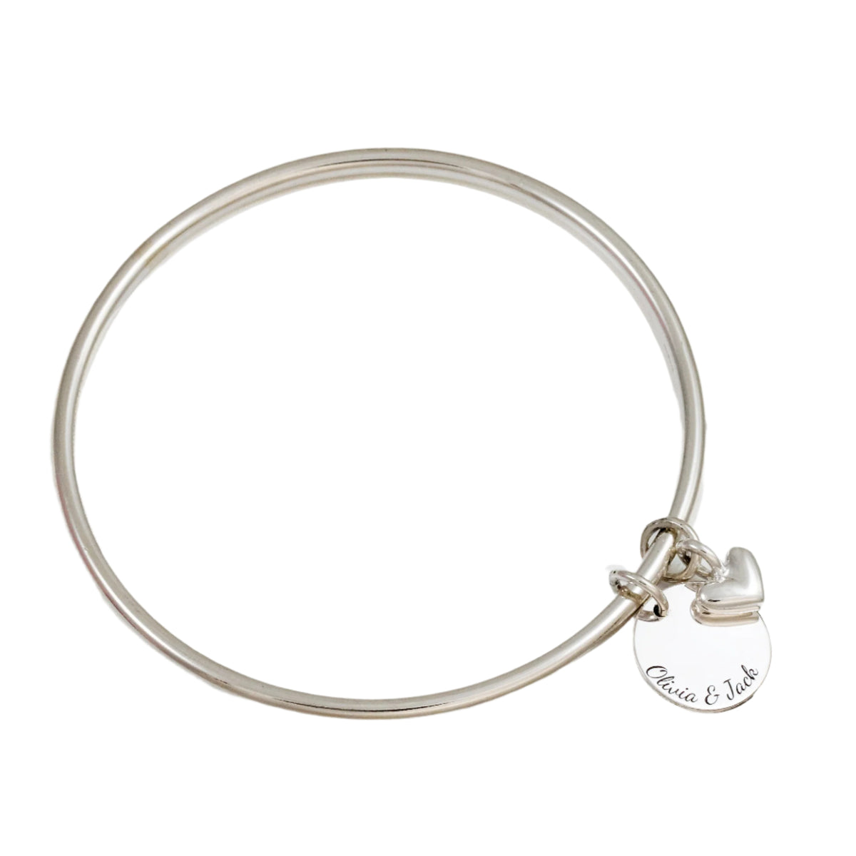 silver bangle with heart and personalised disc charm