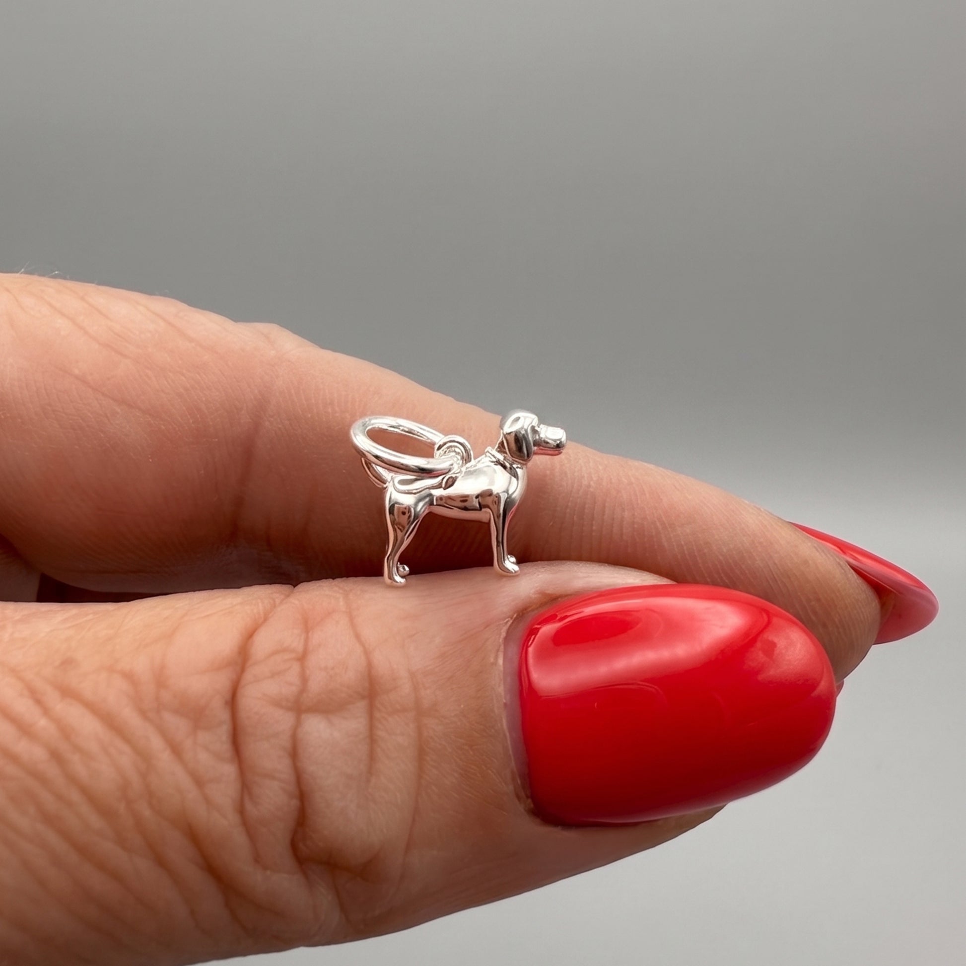 silver beagle dog charm on fingers with red nails