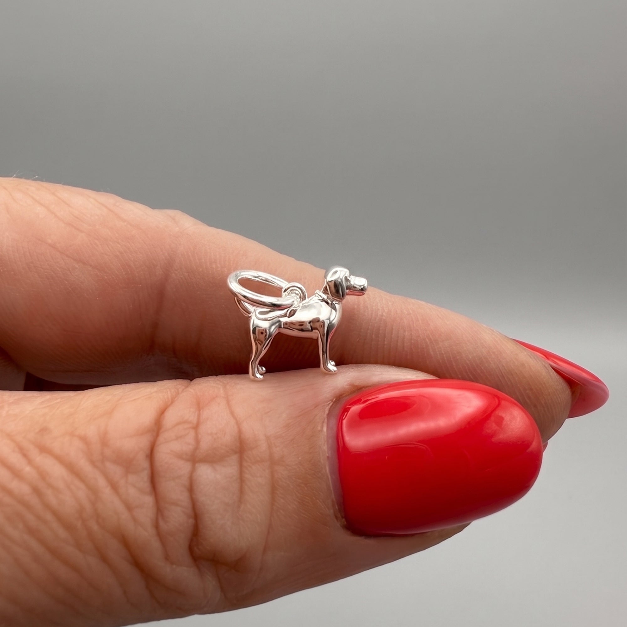silver beagle dog charm on fingers with red nails