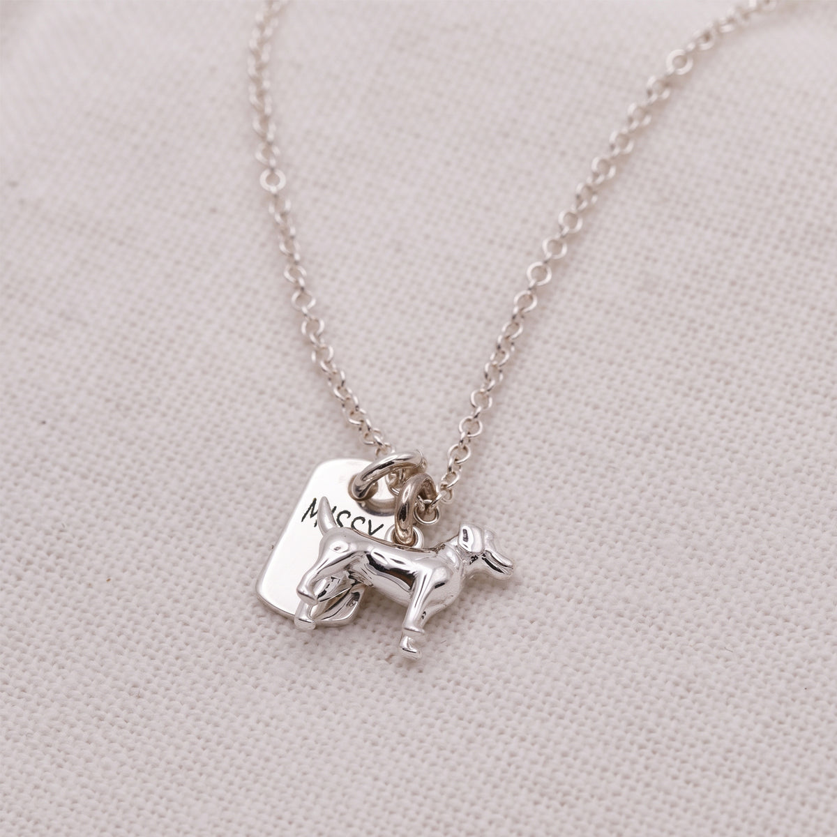 A silver necklace with a small dog charm and a rectangular tag engraved with the name 'Maggie', displayed on a textured beige fabric background.