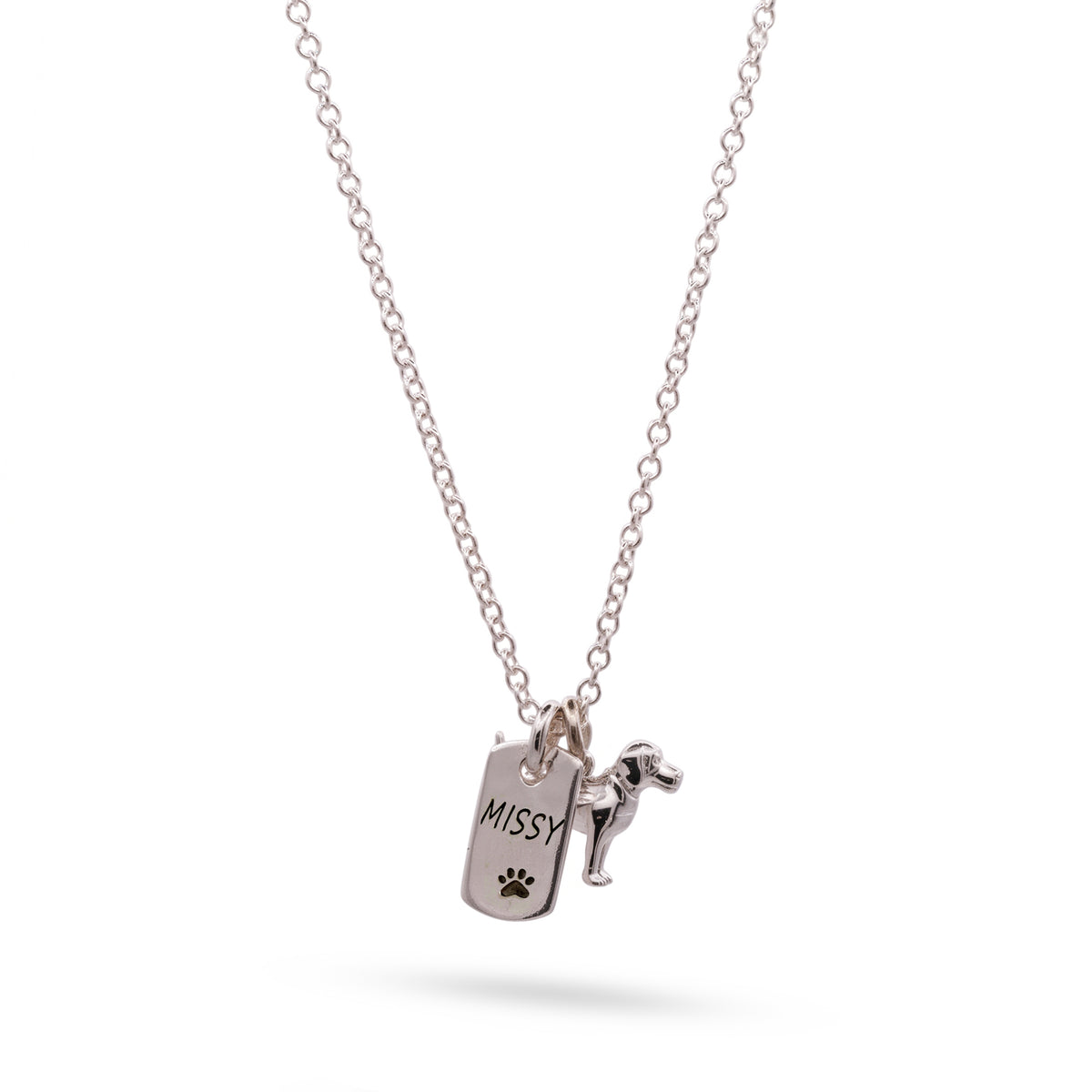 A silver chain necklace featuring a rectangular dog-tag style pendant engraved with the name 'MISSY' and a paw print, alongside a small dog charm, shown on a white background.
